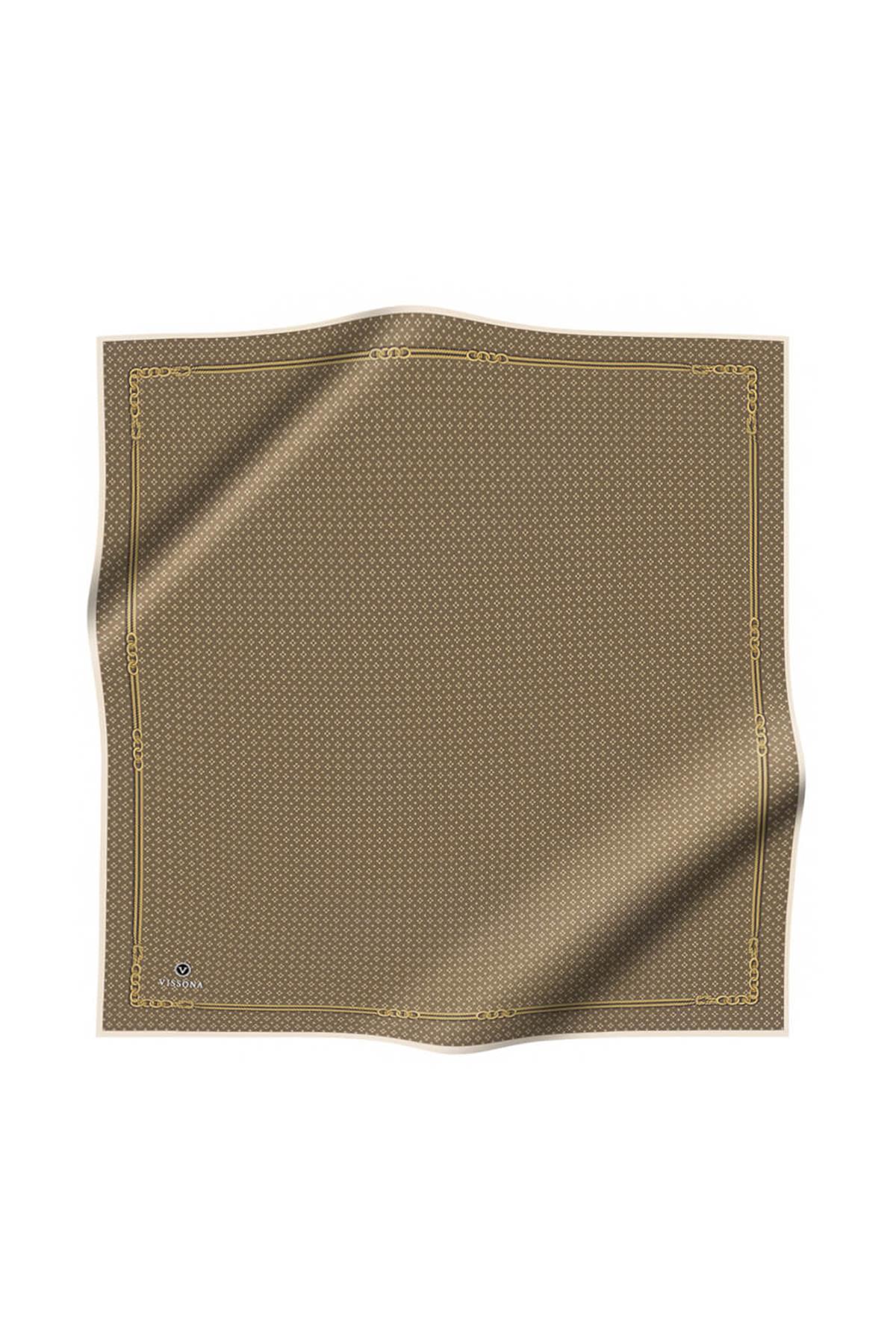 %100 Twill İpek Zincir Desenli Vizon - Gold Renkli 90x90 Eşarp Dikim Şekli : El Dikişi