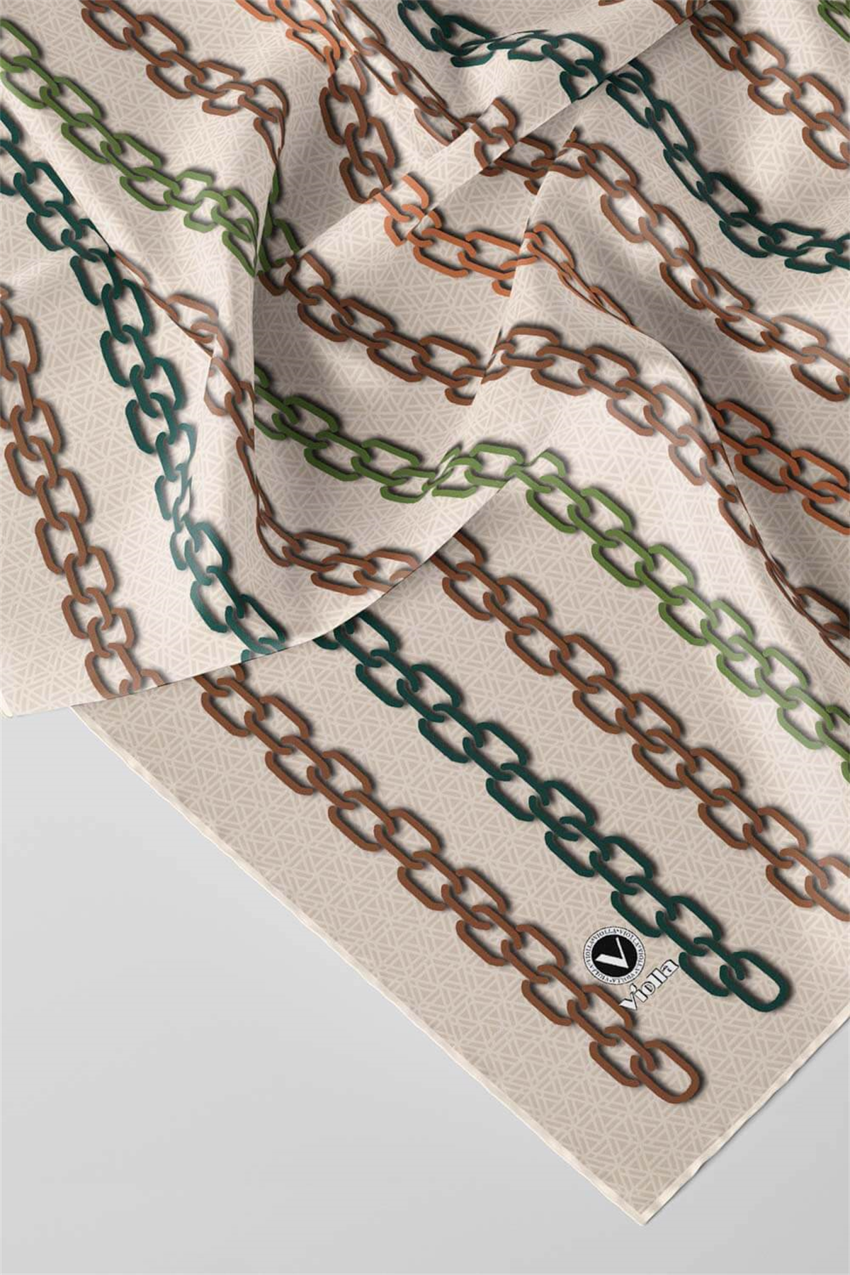 Twill Zincir Desenli Bej - Vizon Renkli 90x90 Eşarp (İpek İçermez) Kenar Dikiş Şekli El Dikişli