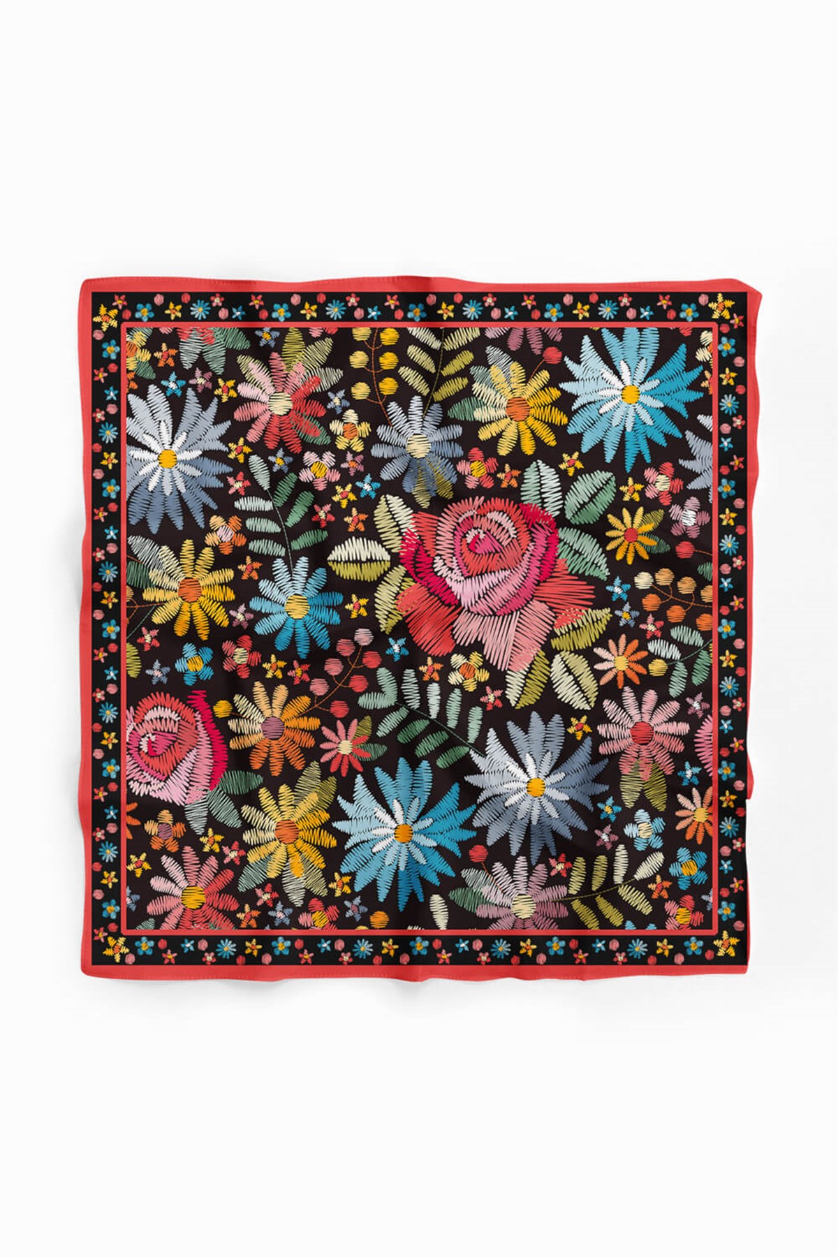 %100 İpek Nakış Çiçek Desenli Kadın Bandana