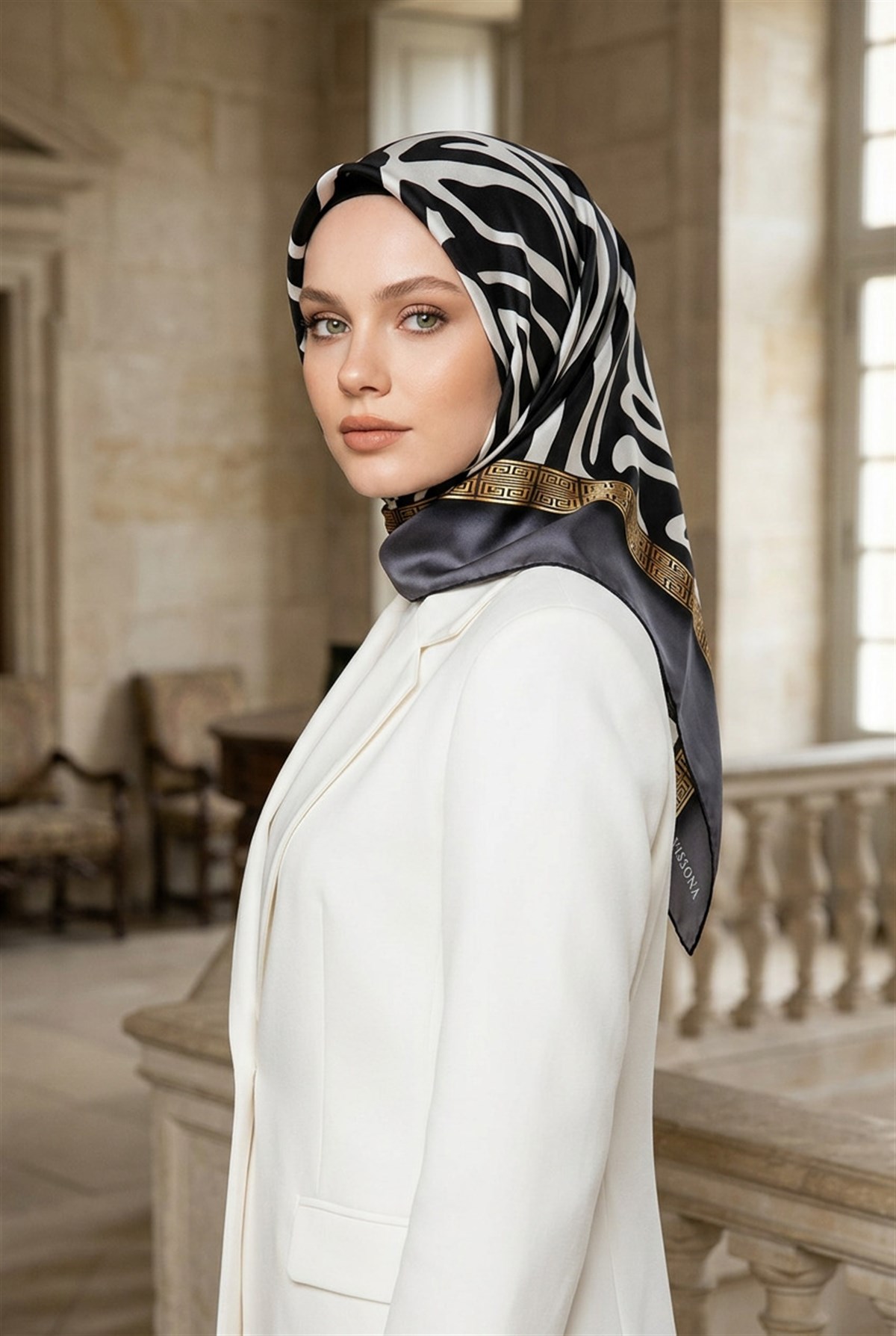 % 57 İPEK % 43 VİSKON Twill İpek Zebra Desenli Gri - Gold Renkli 90x90 Eşarp Dikim Şekli : El Dikişi