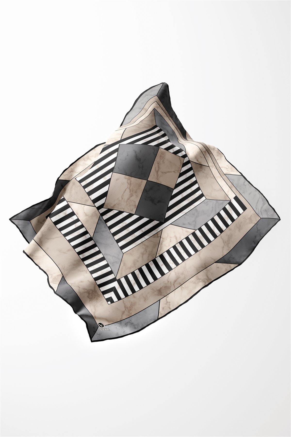 Twill Çizgili Geometrik Mermer Desenli Gri Renkli 90x90 Eşarp (İpek İçermez) Kenar Dikiş Şekli El Dikişli