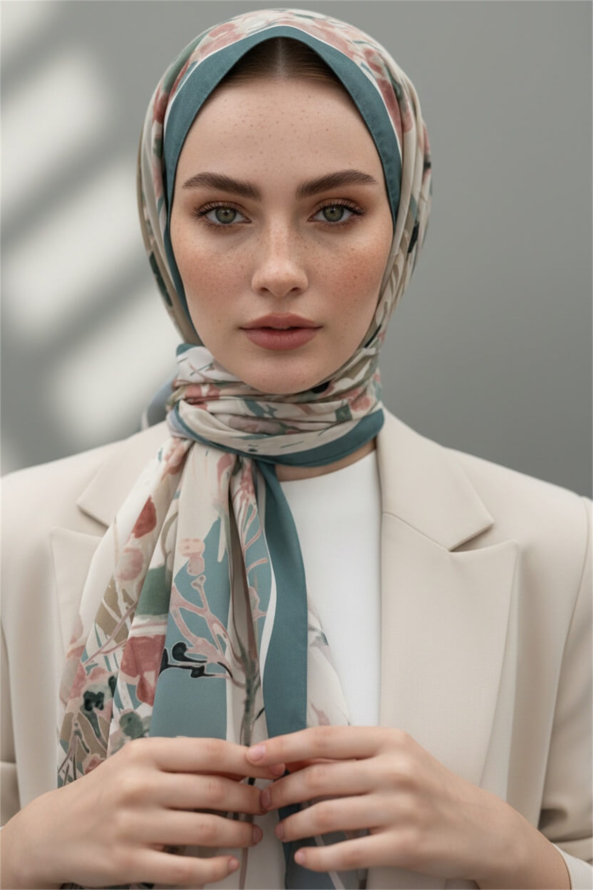 KREP BAHAR DALI DESENLİ KOYU MİNT YEŞİLİ RENKLİ 75X195 KIRIŞMAZ ŞAL