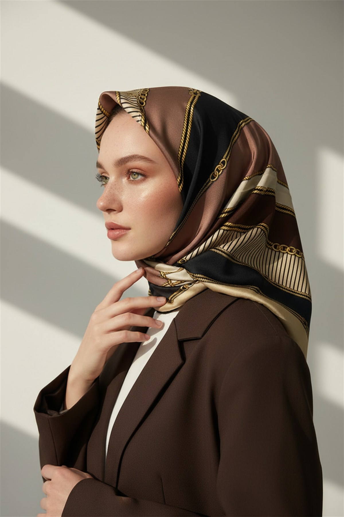 %100 Twill İpek Zincir Detaylı Geometrik Desenli Bej - Vizon Renkli 90x90 Eşarp Dikim Şekli : El Dikişi