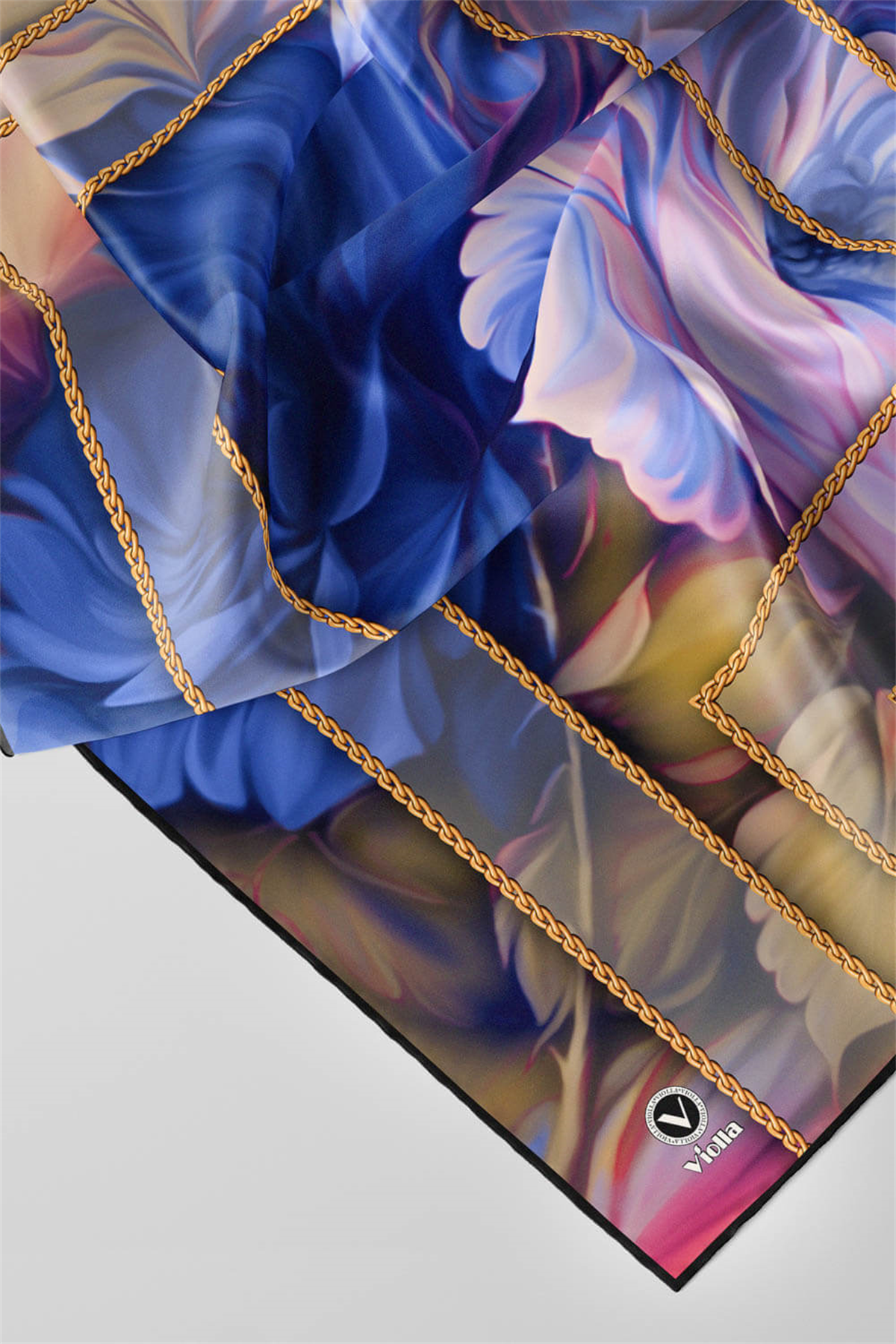 Twill Gül Desenli Saks - Pembe Renkli 90x90 Eşarp (İpek İçermez) Kenar Dikiş Şekli El Dikişli
