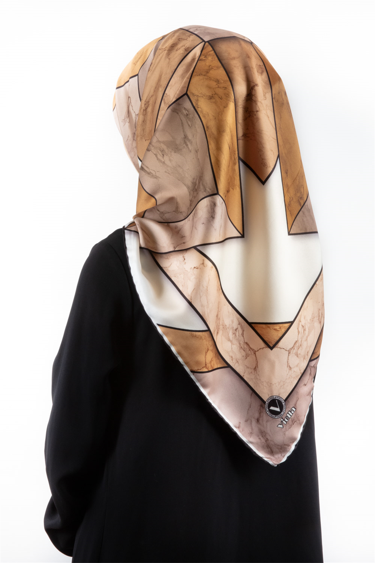 Twill Mermer Desenli Hardal - Bej Renkli 90x90 Eşarp (İpek İçermez) Kenar Dikiş Şekli El Dikişli
