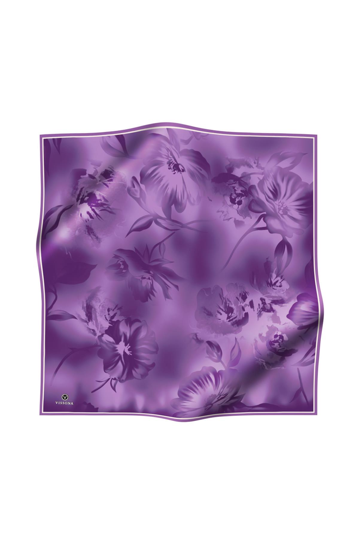 100% Twill İpek Çiçek Desenli Lila Renkli 90x90 Dikim Şekli : El Dikişi Eşarp