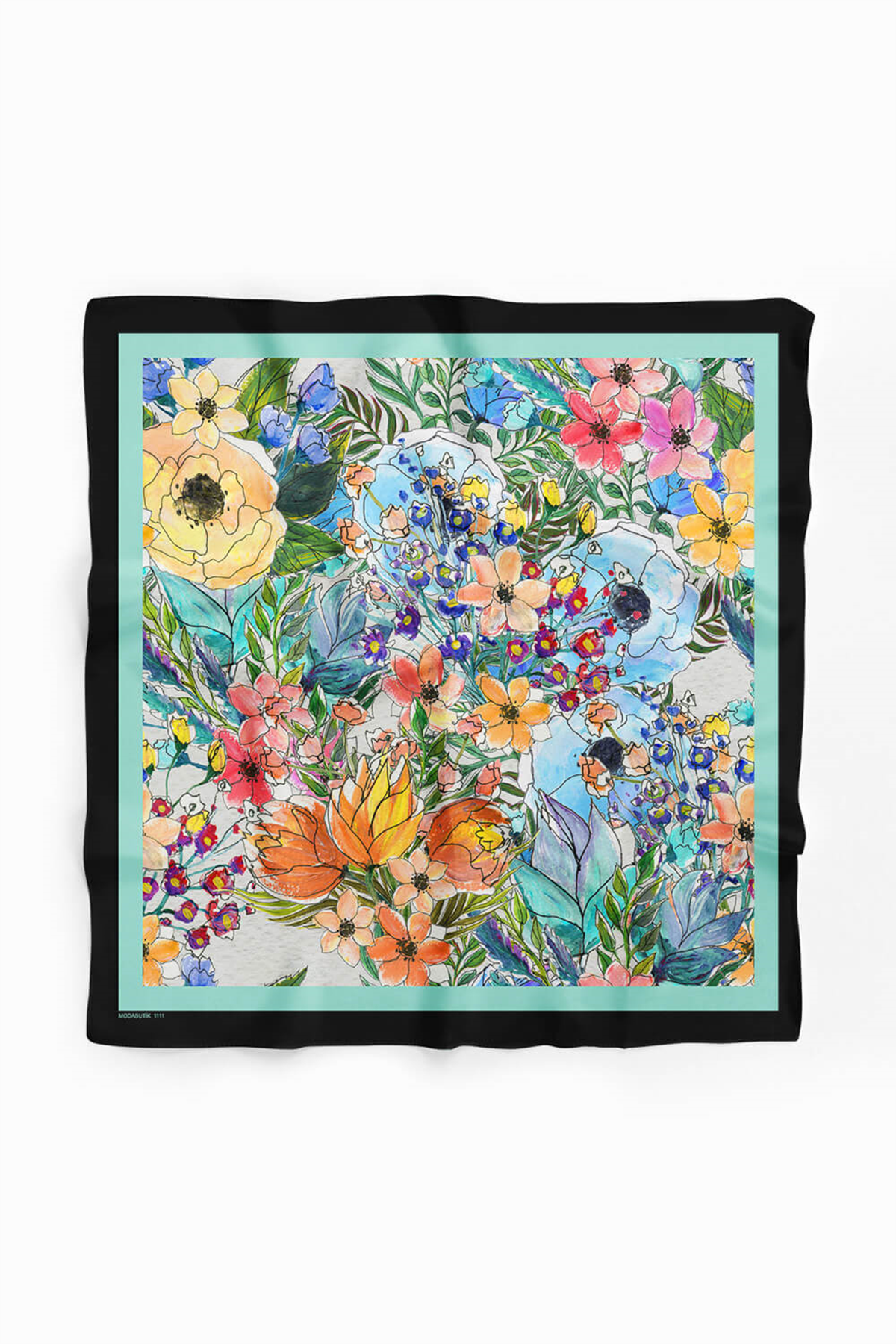 F43 Kadın Su Yeşili Siyah Jardin Desenli 50x50 Bandana HYL DG01111-22