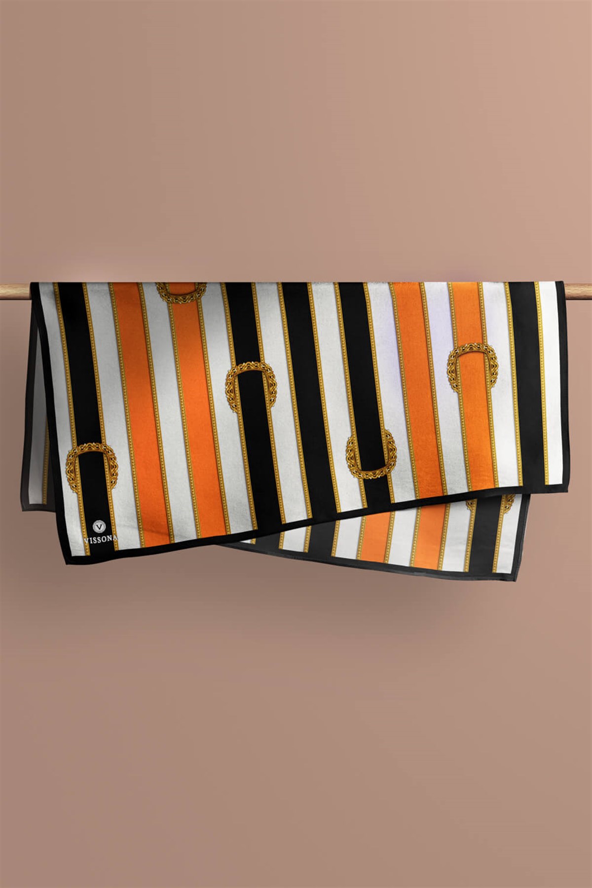 %100 Twill İpek Kemer Desenli Siyah - Turuncu Renkli 90x90 Eşarp Dikim Şekli : El Dikişi