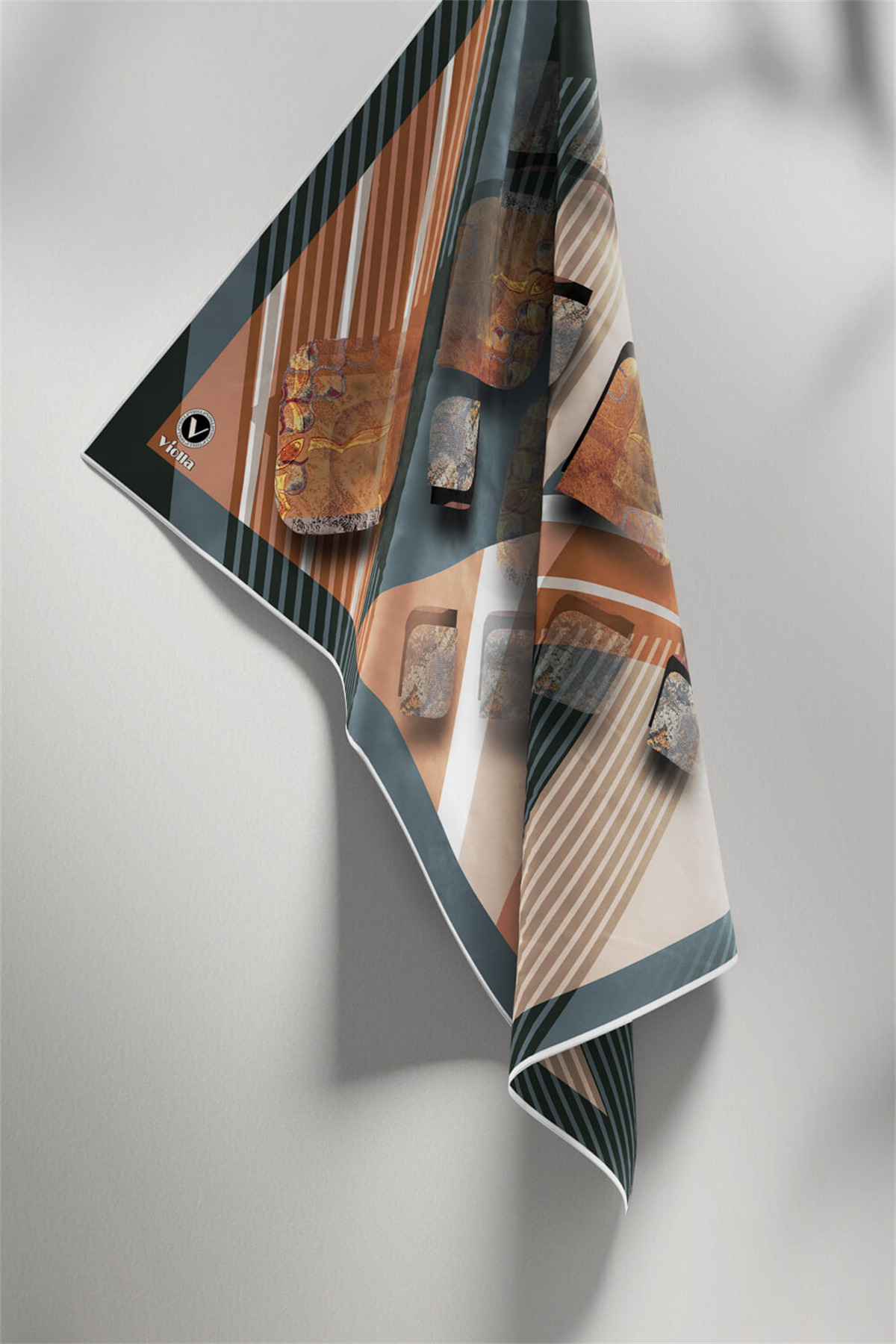 Twill Çizgili ve Geometrik Desenli Somon Renkli 90x90 Eşarp (İpek İçermez) Kenar Dikiş Şekli El Dikişli