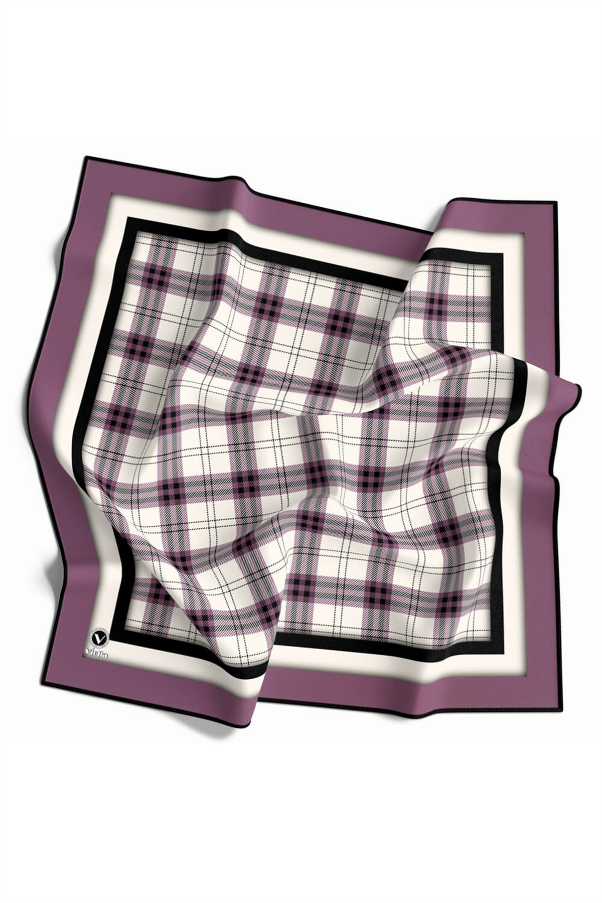 Twill Ekose Desenli Lila Renkli 90x90 Eşarp (İpek İçermez) Kenar Dikiş Şekli El Dikişli