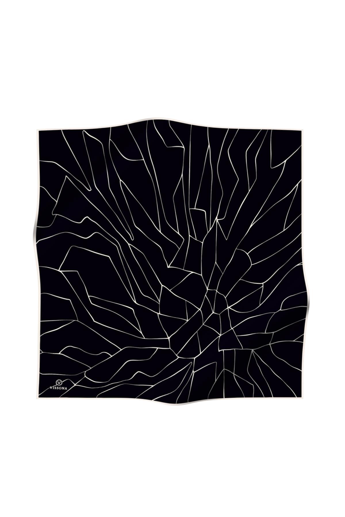 %100 Twill İpek Çizgi Desenli Siyah Krem Renkli 90x90 Eşarp Dikim Şekli : El Dikişi