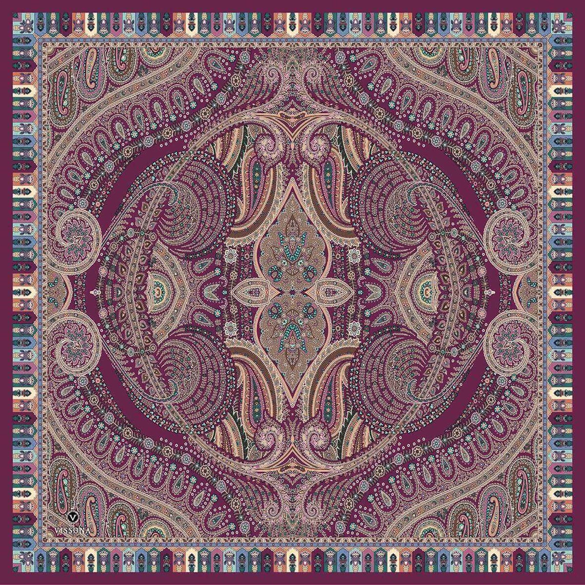 %100 Twill İpek Etro Desenli Mürdüm Renkli 90x90 Eşarp Dikim Şekli : El Dikişi