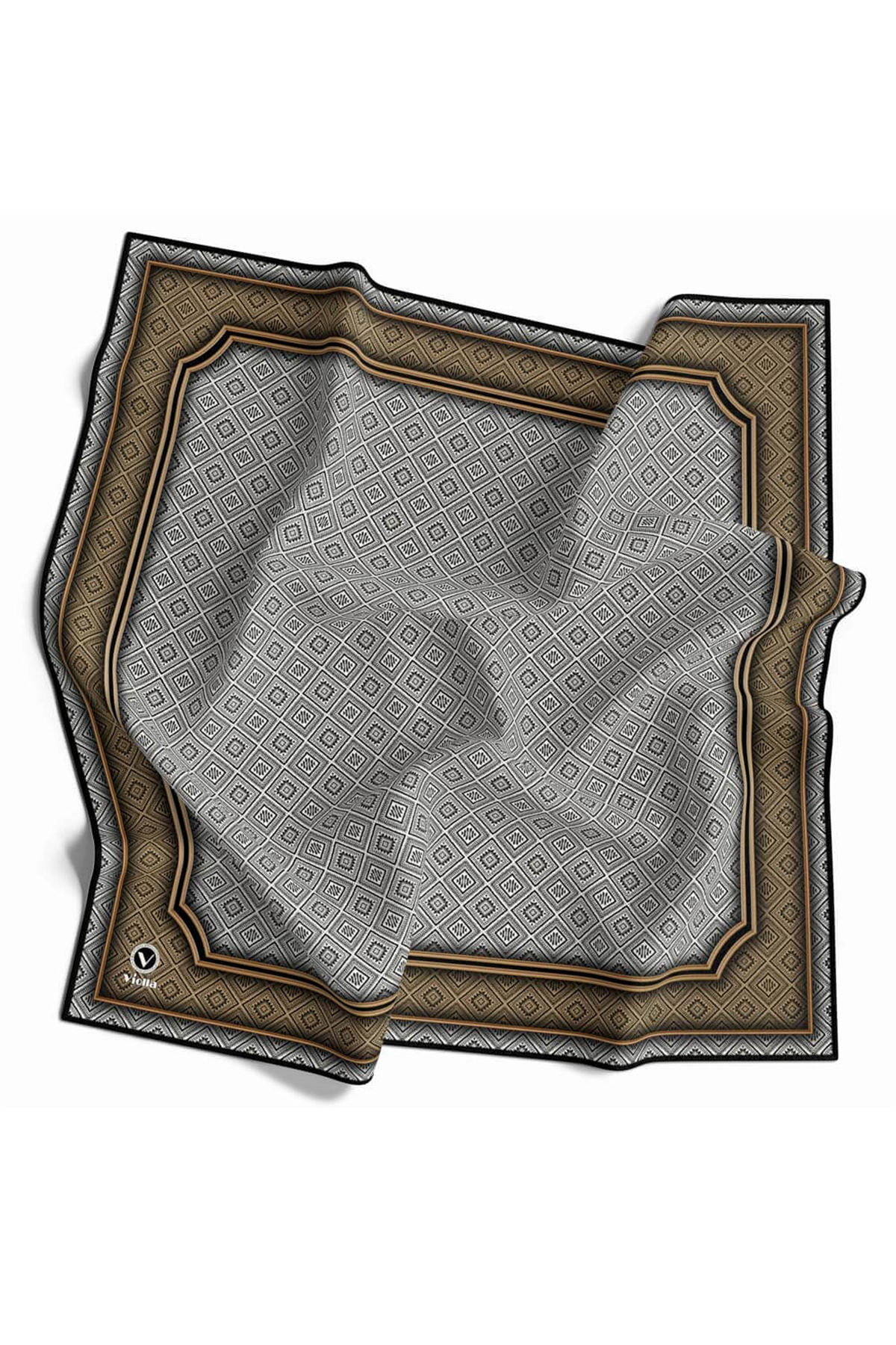 Twill Geometrik Çıtır Desenli Bej Renkli 90x90 Eşarp (İpek İçermez) Kenar Dikiş Şekli El Dikişli