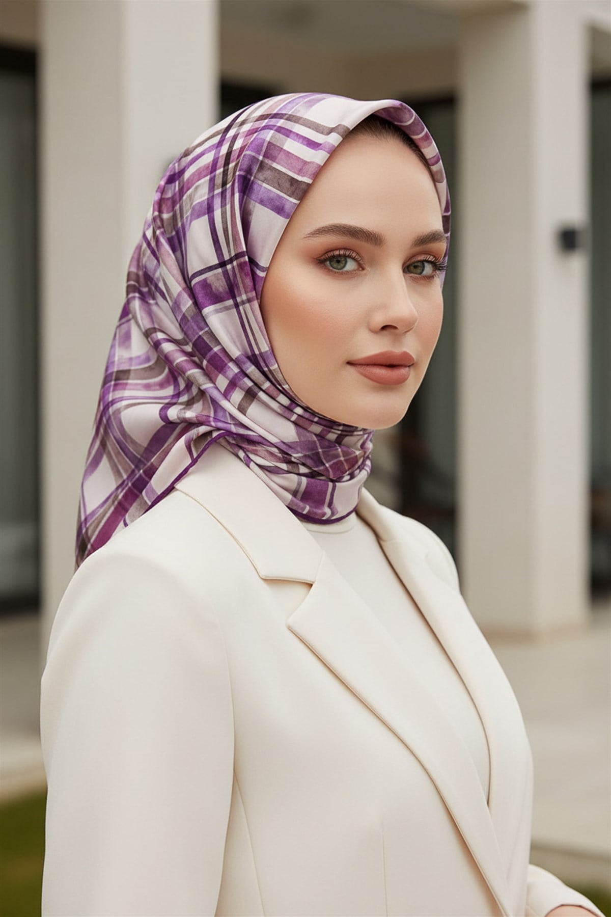 %100 Twill İpek Ekose Desenli Mürdüm - Vizon Renkli 90x90 Eşarp Kenar Dikiş Şekli El Dikişli