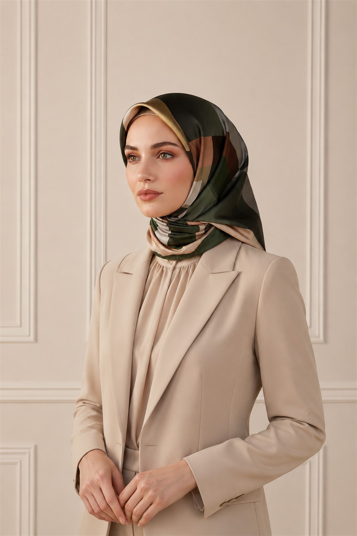 % 57 İPEK % 43 VİSKON Twill İpek Geometrik Desenli Haki - Bakır Renkli 90x90 Eşarp Dikim Şekli : El Dikişi