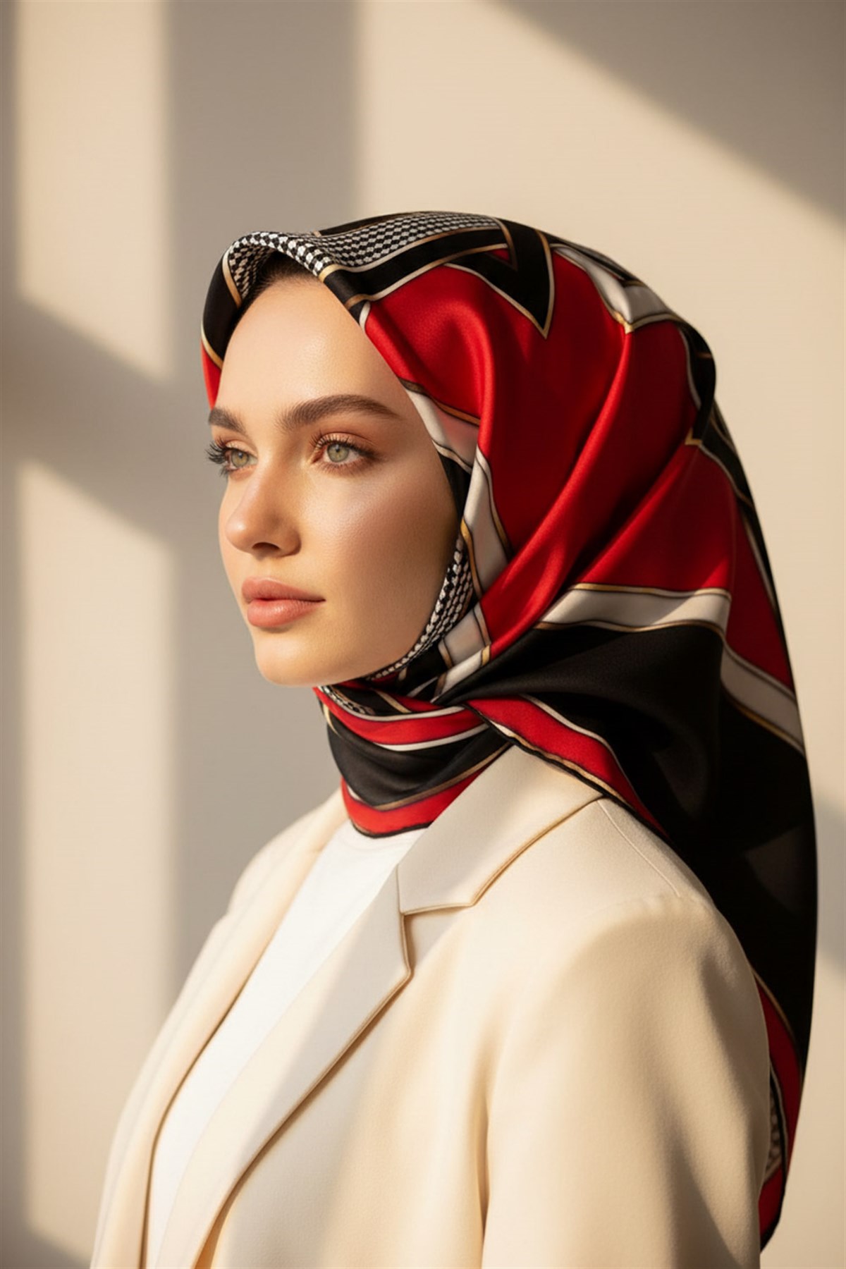 %100 Twill İpek Kareli Kazayaklı Desenli Siyah - Kırmızı Renkli 90x90 Eşarp Kenar Dikiş Şekli El Dikişli