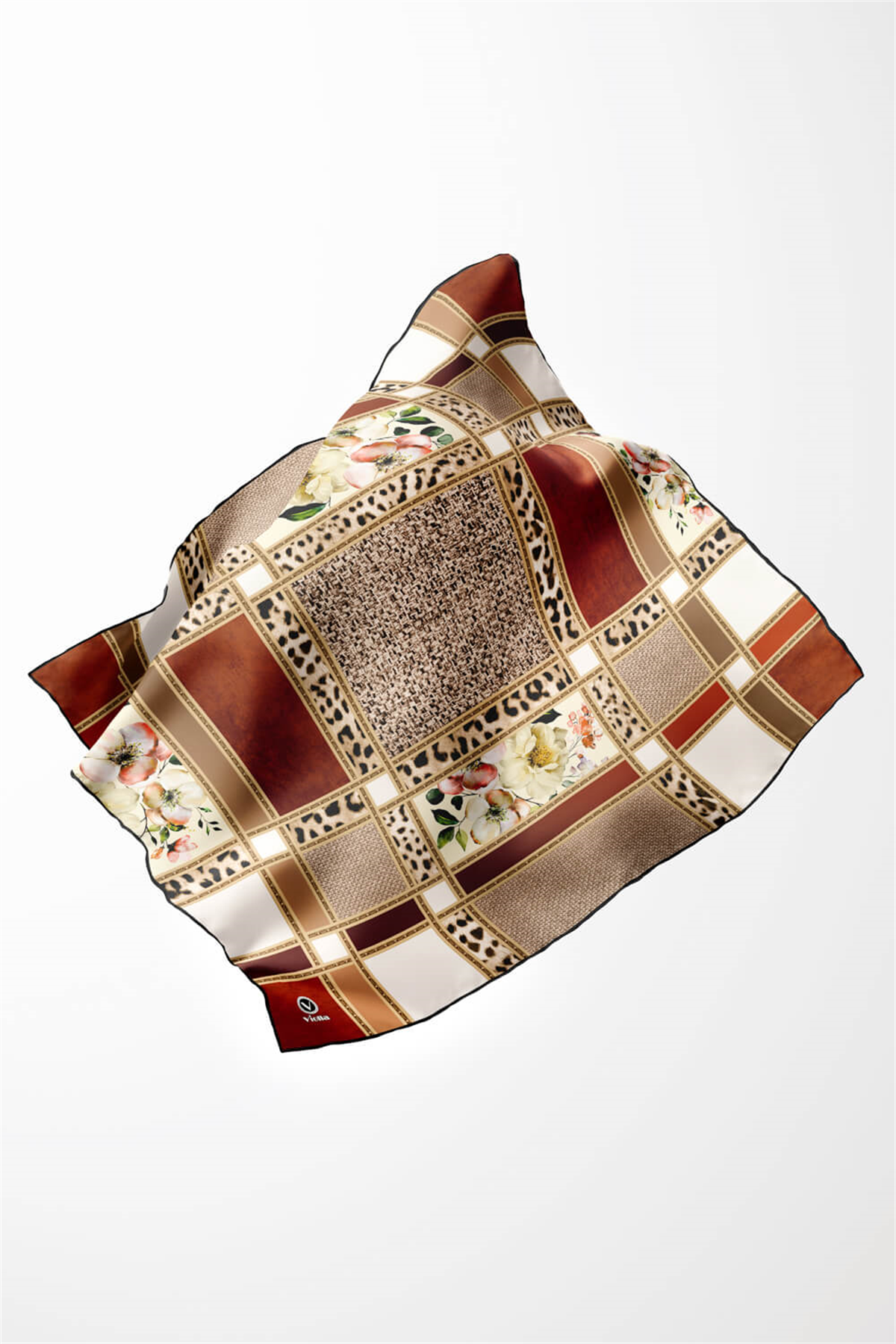 Twill Leopar ve Çiçek Desenli Taba - Bej Renkli 90x90 Eşarp (İpek İçermez) Dikim Şekli : El Dikişi
