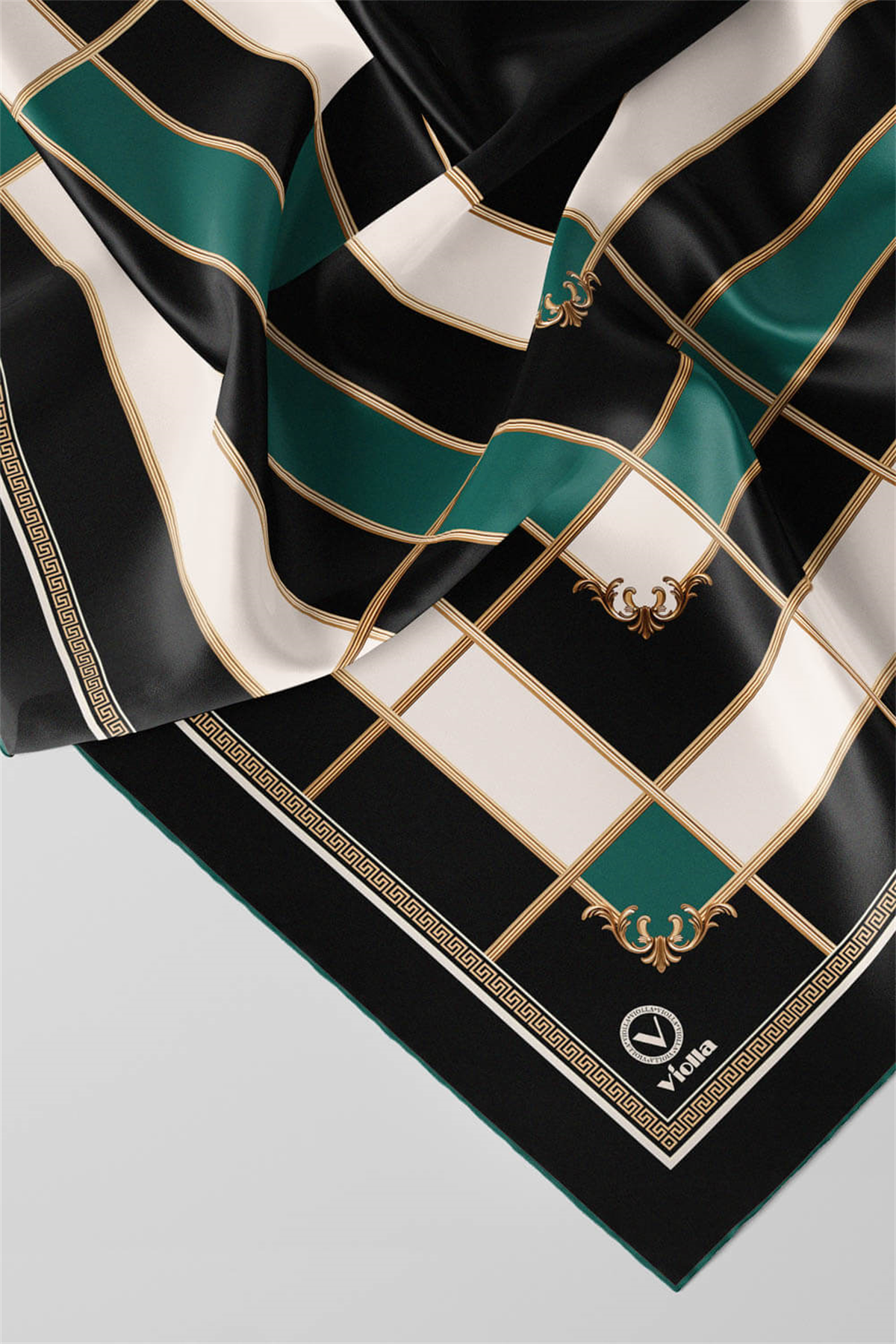 Twill Gold Detaylı Kareli Desenli Petrol Yeşili Renkli 90x90 Eşarp (İpek İçermez) Kenar Dikiş Şekli El Dikişli