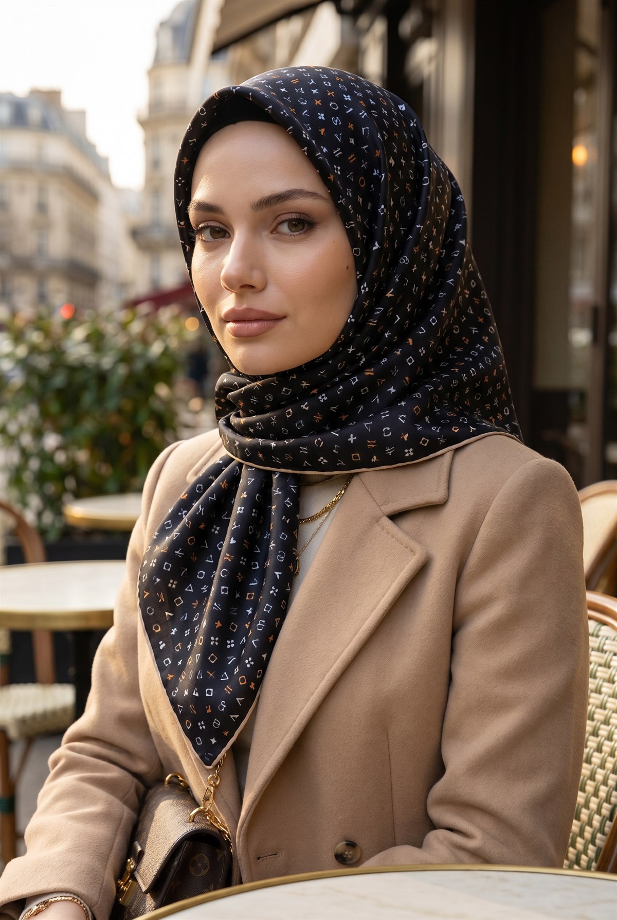 %100 Twill İpek Çıtır Motif Desenli Siyah - Bej Renkli 90x90 Eşarp Dikim Şekli : El Dikişi