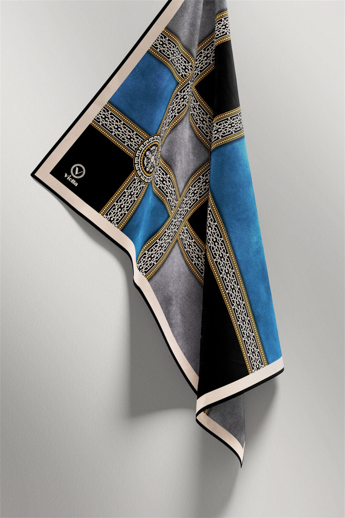 Twill Geometrik Desenli Turkuaz Renkli 90x90 Eşarp (İpek İçermez) Kenar Dikiş Şekli El Dikişli