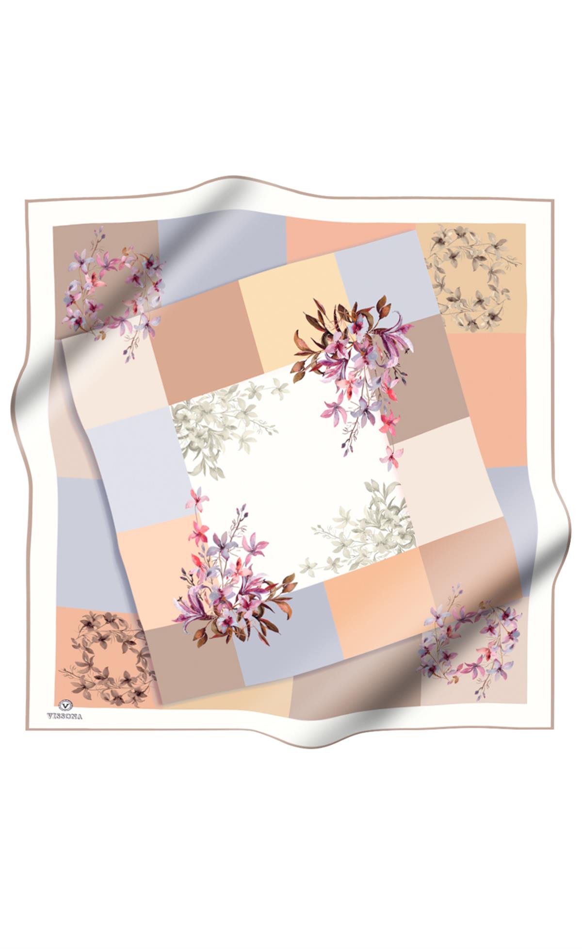 % 57 İPEK % 43 VİSKON Twill İpek Kareli Ve Çıtır Çiçek Desenli Bej - Gri Renkli 90x90 Eşarp Dikim Şekli : El Dikişi