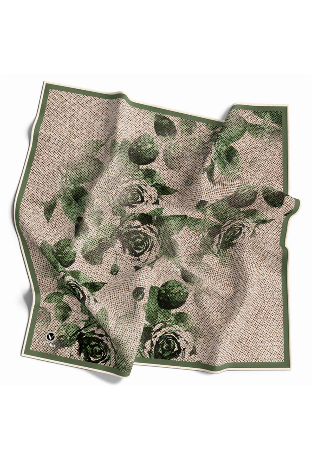 Twill Gül Desenli Zümrüt Yeşili Renkli 90x90 Eşarp (İpek İçermez) Kenar Dikiş Şekli El Dikişli