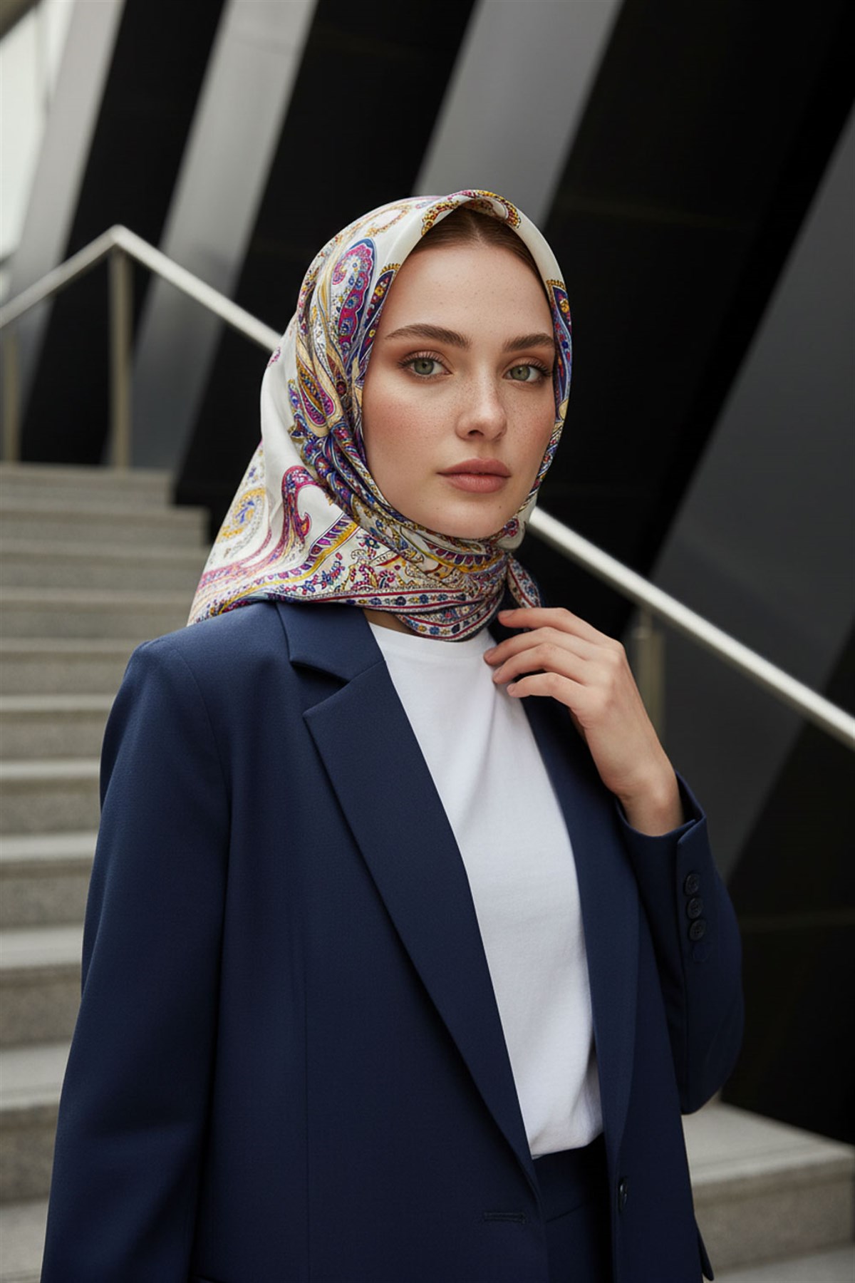 %100 Twill İpek Şal Desenli Lacivert - Gold Renkli 90x90 Eşarp Dikim Şekli : El Dikişi