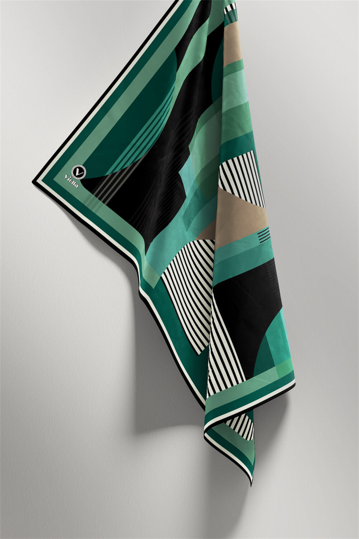 Twill Çizgili Ve Geometrik Desenli  Petrol Yeşili Renkli 90x90 Eşarp (İpek İçermez) Kenar Dikiş Şekli El Dikişli