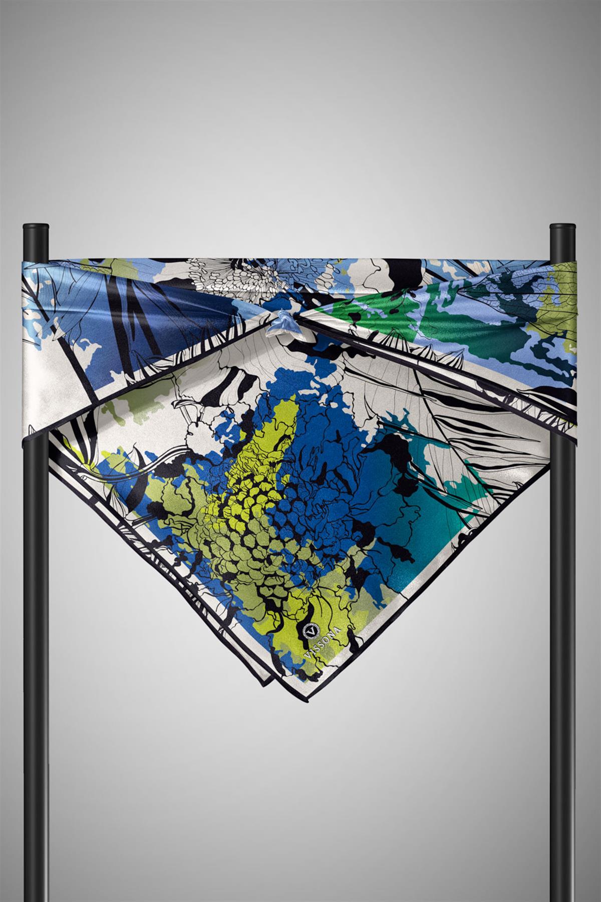 %100 Twill İpek Yaprak Desenli Lacivert - Haki Renkli 90x90 Eşarp Dikim Şekli : El Dikişi