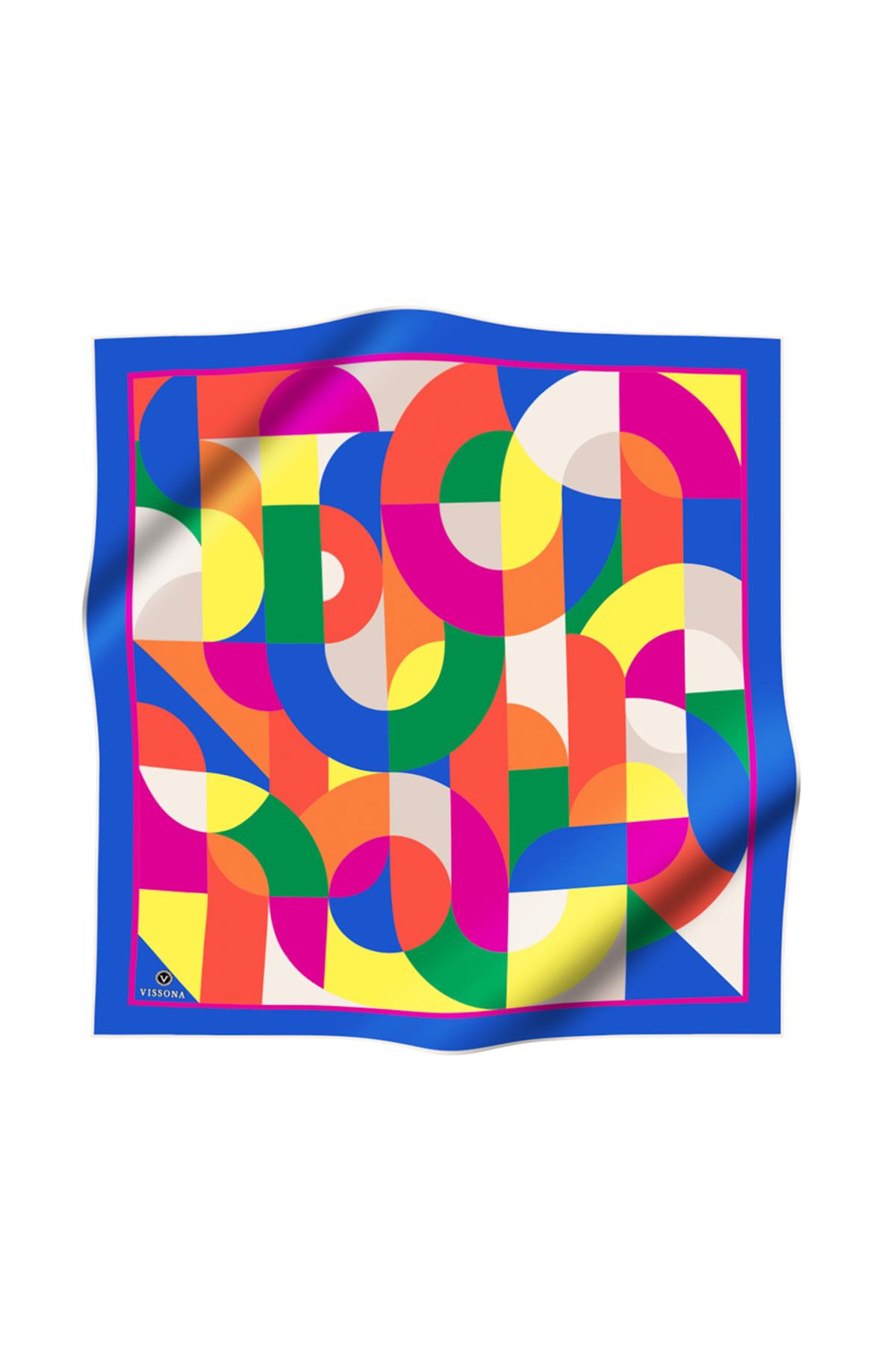 %100 Twill Renk Bloklu Çizgili Desenli Saks - Turuncu Renkli 90x90 Eşarp Dikim Şekli: El Dikişii