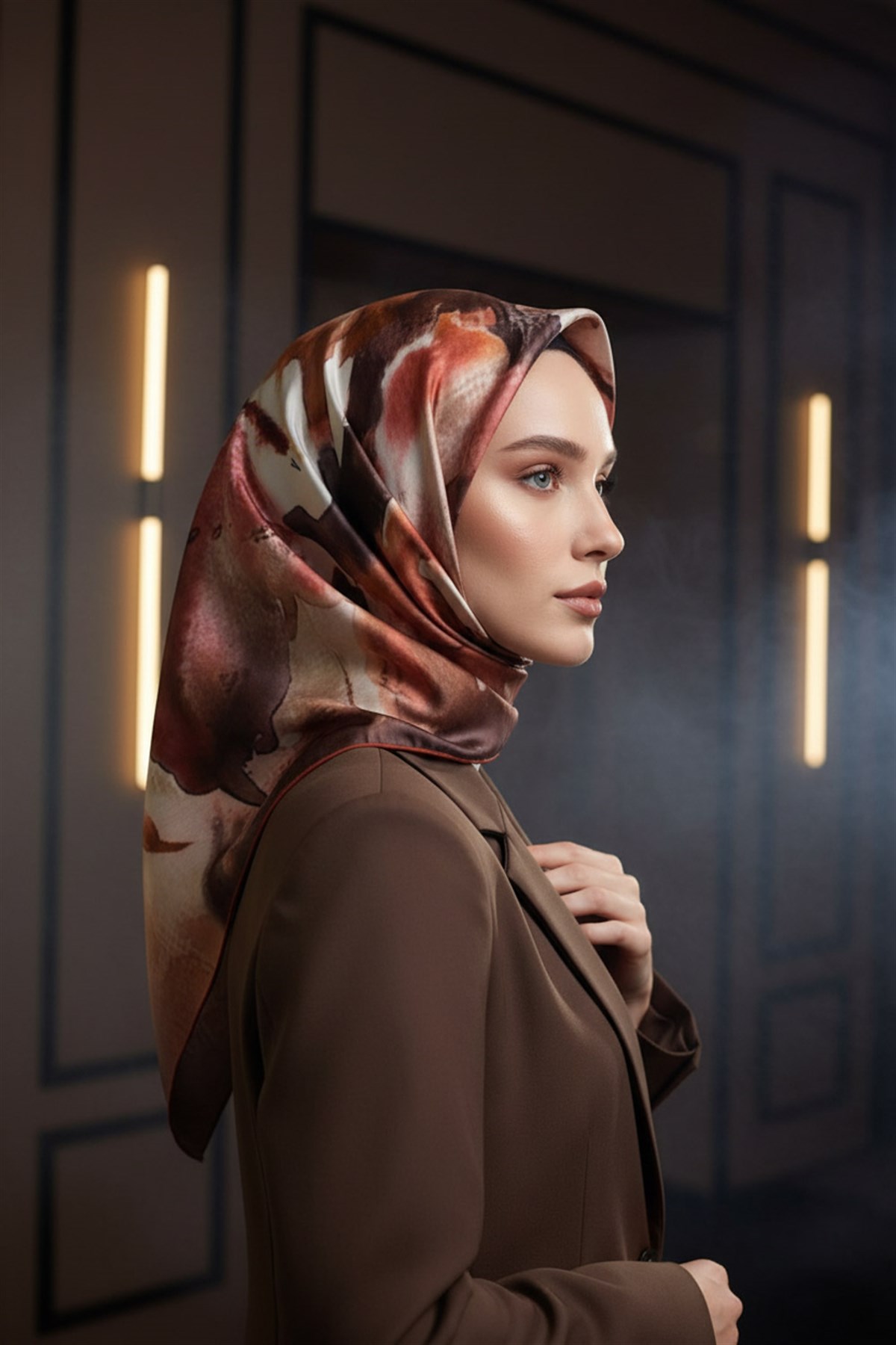 %100 Twill İpek Suluboya Çiçek Desenli Hardal - Taba Renkli 90x90 Eşarp Dikim Şekli : El Dikişi
