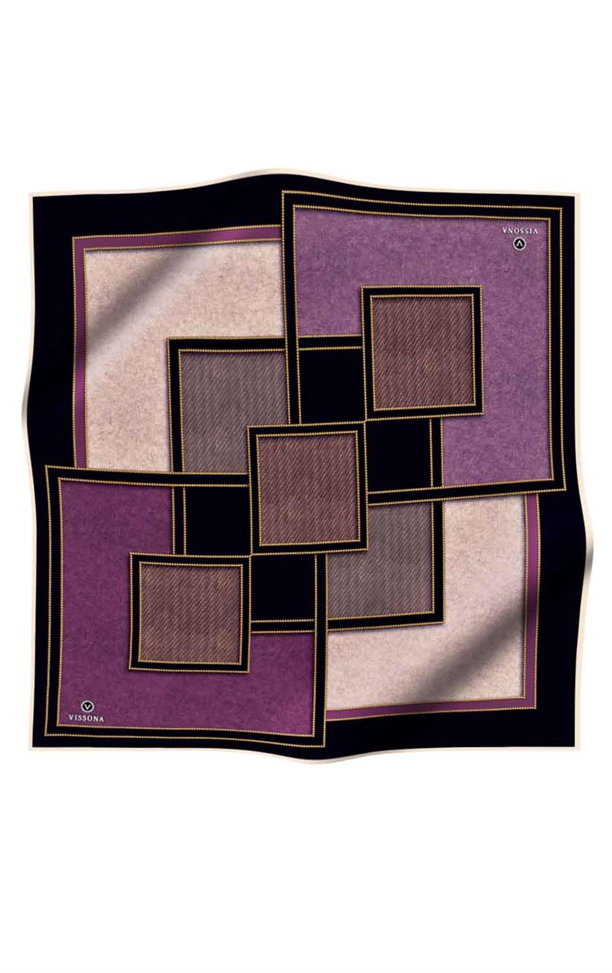 100% Twill İpek Gold Detaylı Kare Desenli Siyah - Mürdüm Renkli 90x90 Dikim Şekli : El Dikişi