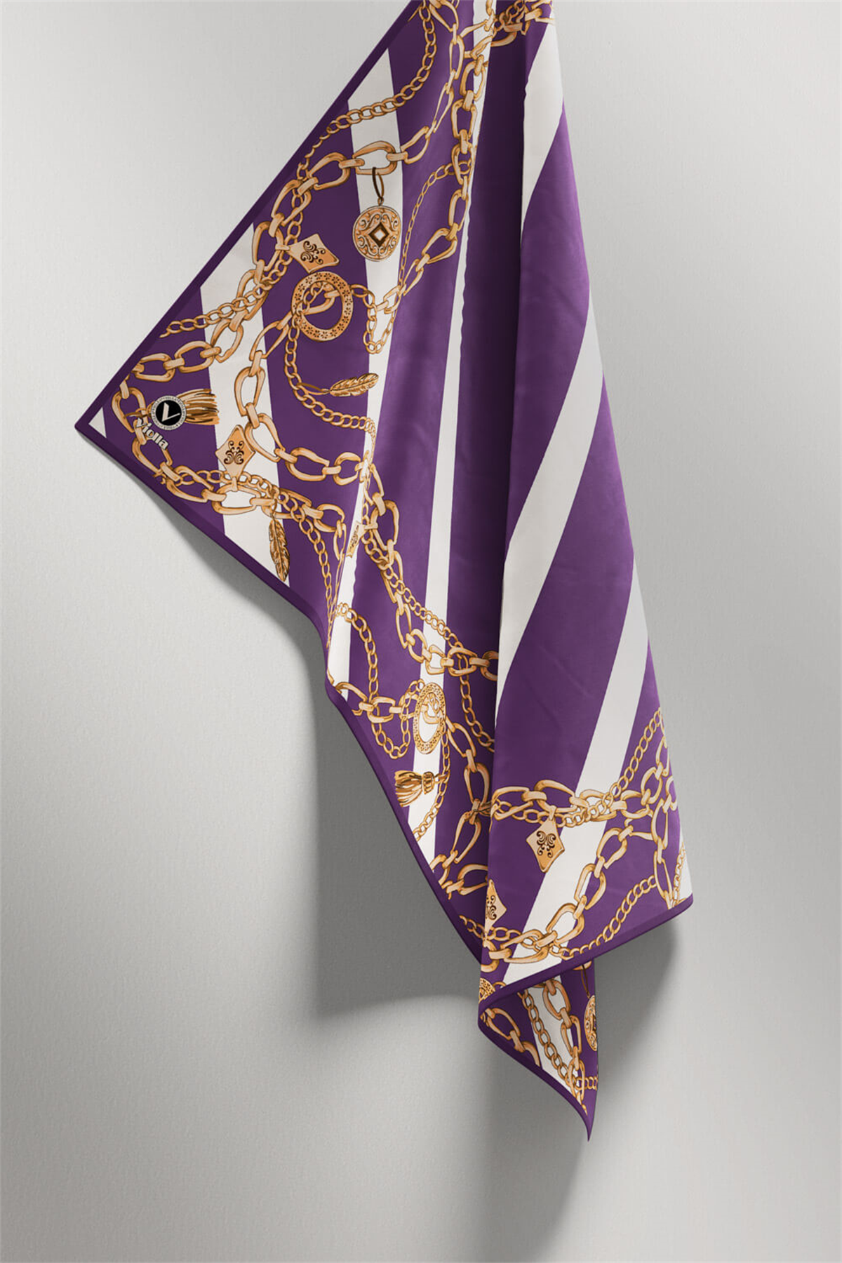 Twill Çizgili Zincir Desenli Mor Renkli 90x90 Eşarp (İpek İçermez) Kenar Dikiş Şekli El Dikişli