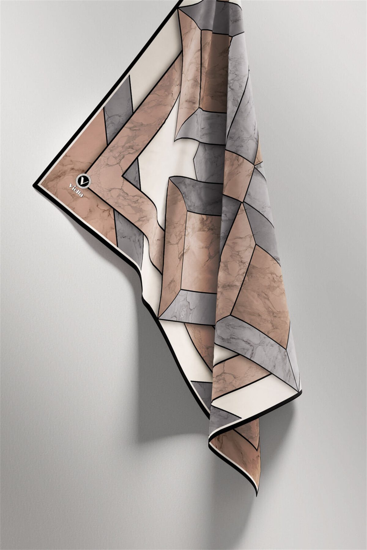 Twill Mermer Desenli Gri - Bej Renkli 90x90 Eşarp (İpek İçermez) Kenar Dikiş Şekli El Dikişli