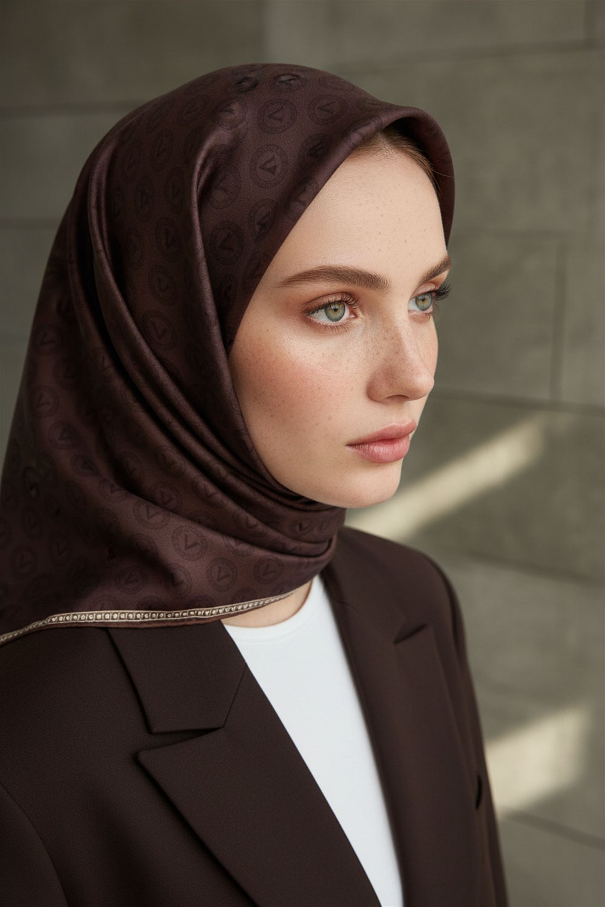 %100 Twill İpek Monogram Desenli Kahverengi Renkli 90x90 Eşarp Dikim Şekli : El Dikişi