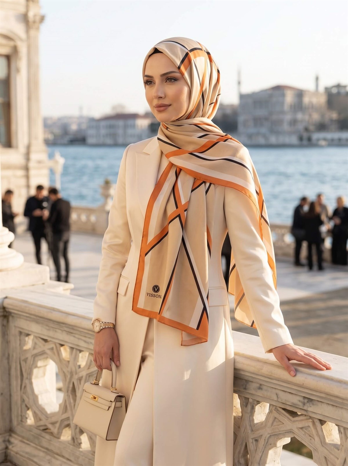 100% İPEK ÇİZGİ DESENLİ BEJ - TABA RENKLİ ŞAL