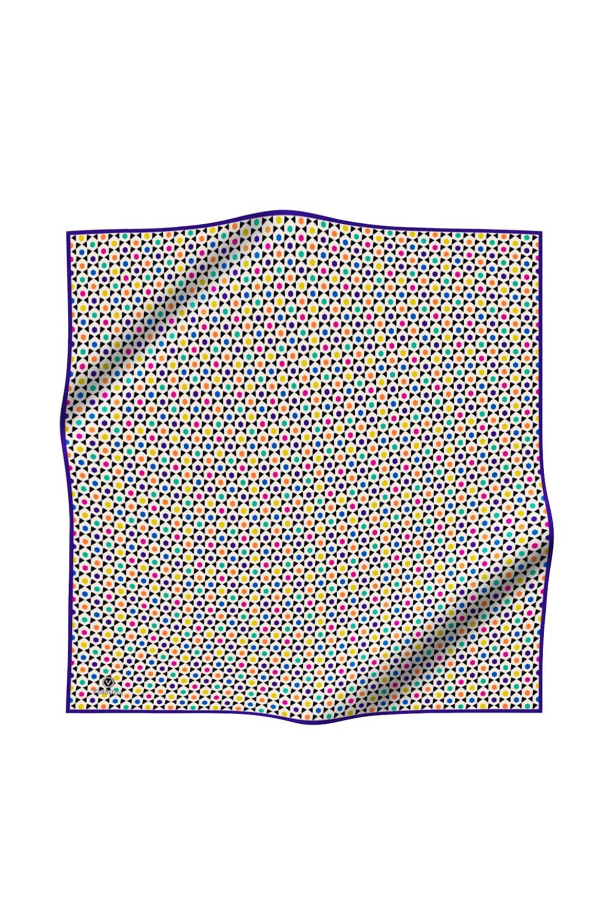 %100 Twill İpek Nokta Desenli Krem - Mor Renkli 90x90 Eşarp Dikim Şekli : El Dikişi