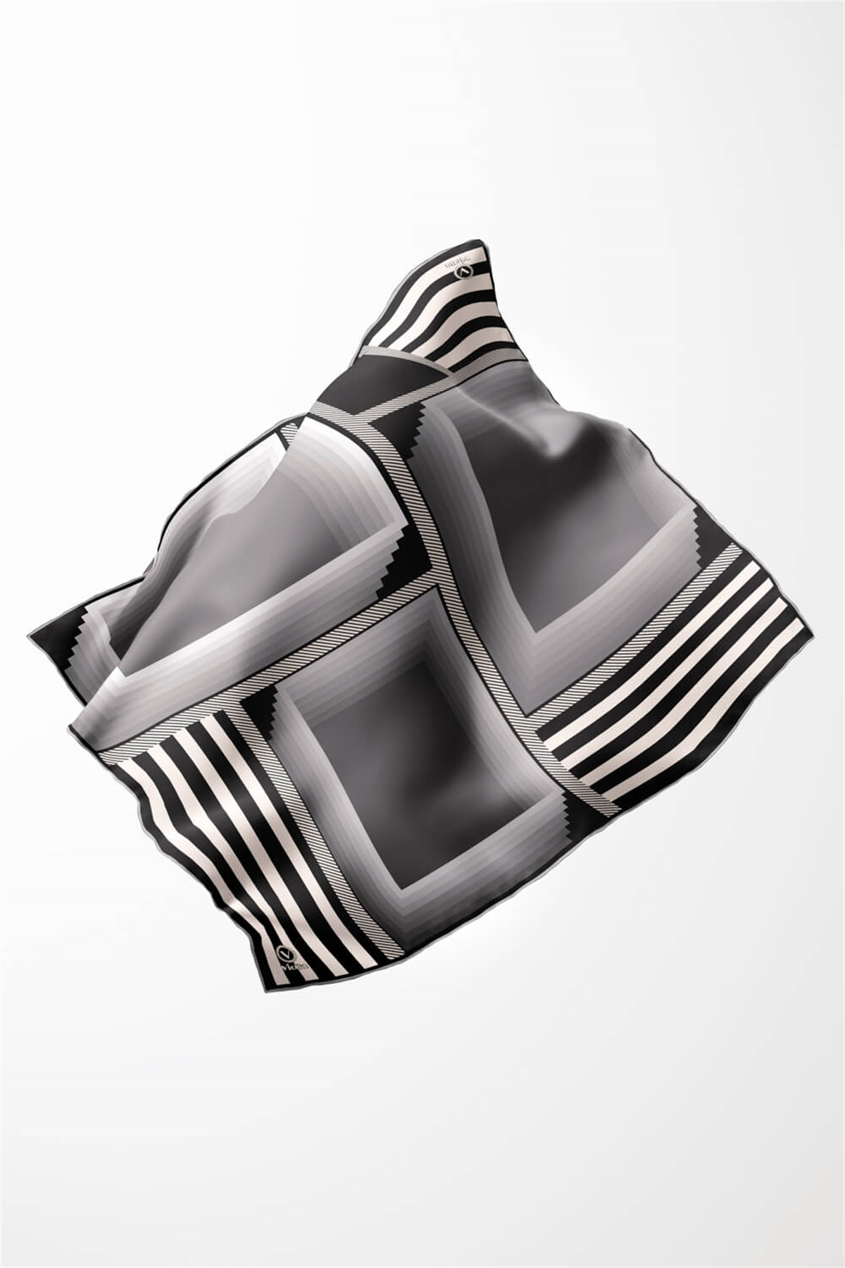 Twill Geometrik Desenli Gri Renkli 90x90 Eşarp (İpek İçermez) Kenar Dikiş Şekli El Dikişli