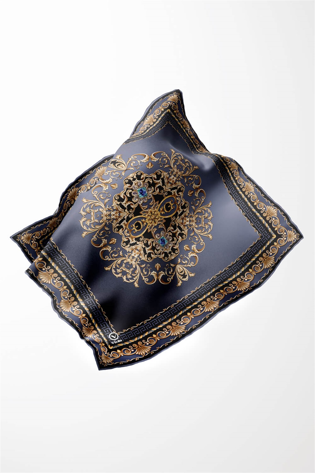 Twill Barok Desenli İndigo Renkli 90x90 Eşarp (İpek İçermez) Dikim Şekli : El Dikişi