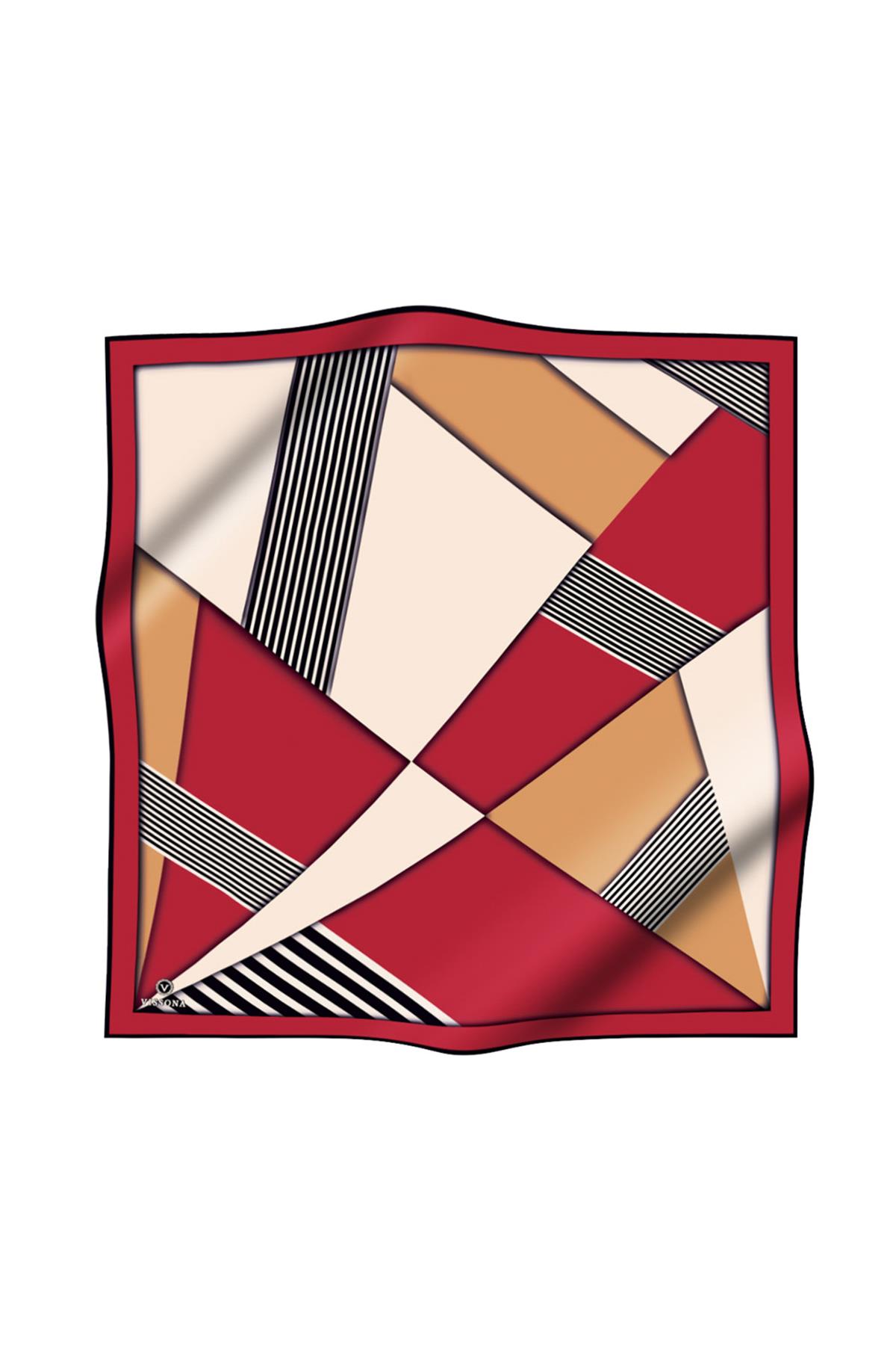 %100 Twill İpek Çizgili ve Geometrik Desenli Bordo - Vizon Renkli 90x90 Eşarp Dikim Şekli : El Dikişi