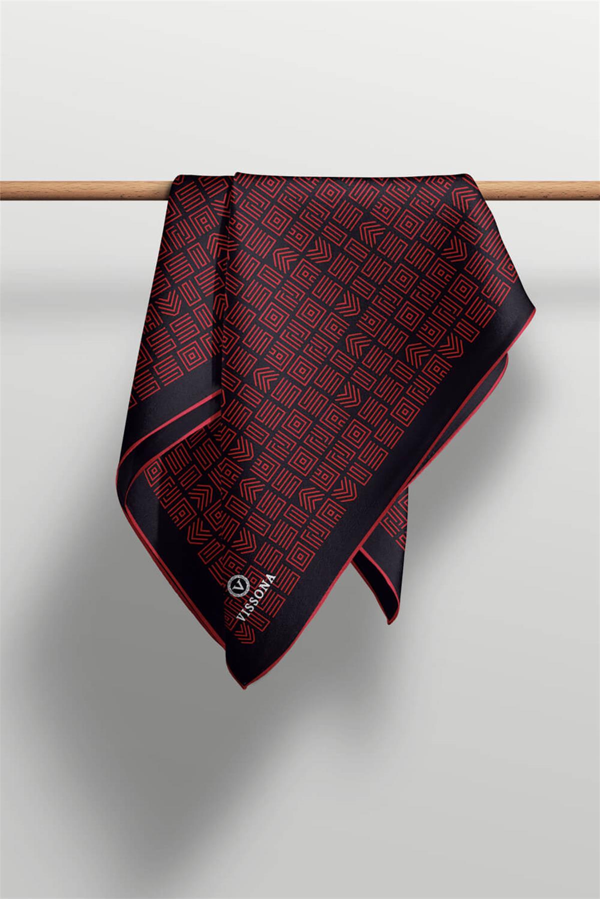 100% Twill İpek Etnik Motif Desenli Siyah - Kırmızı Renkli 90x90 Dikim Şekli : El Dikişi Eşarp