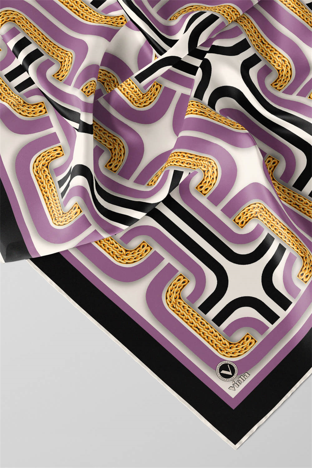 Twill Geometrik Zincir Desenli Lila Renkli 90x90 Eşarp (İpek İçermez) Kenar Dikiş Şekli El Dikişli
