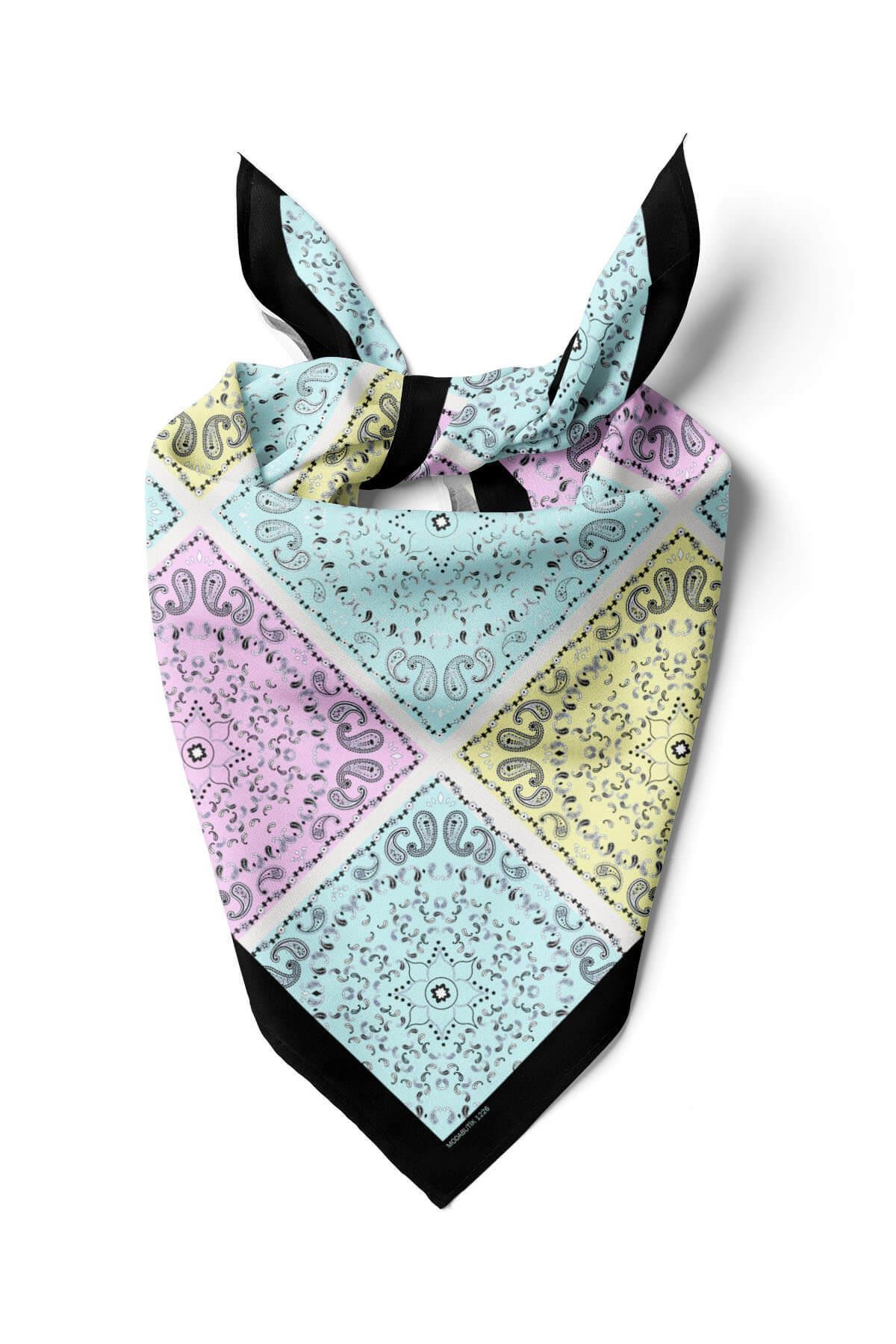 Violla Y33 Kadın Sarı Turkuaz Kareli Desenli 50x50 Bandana HYL DG01226-22