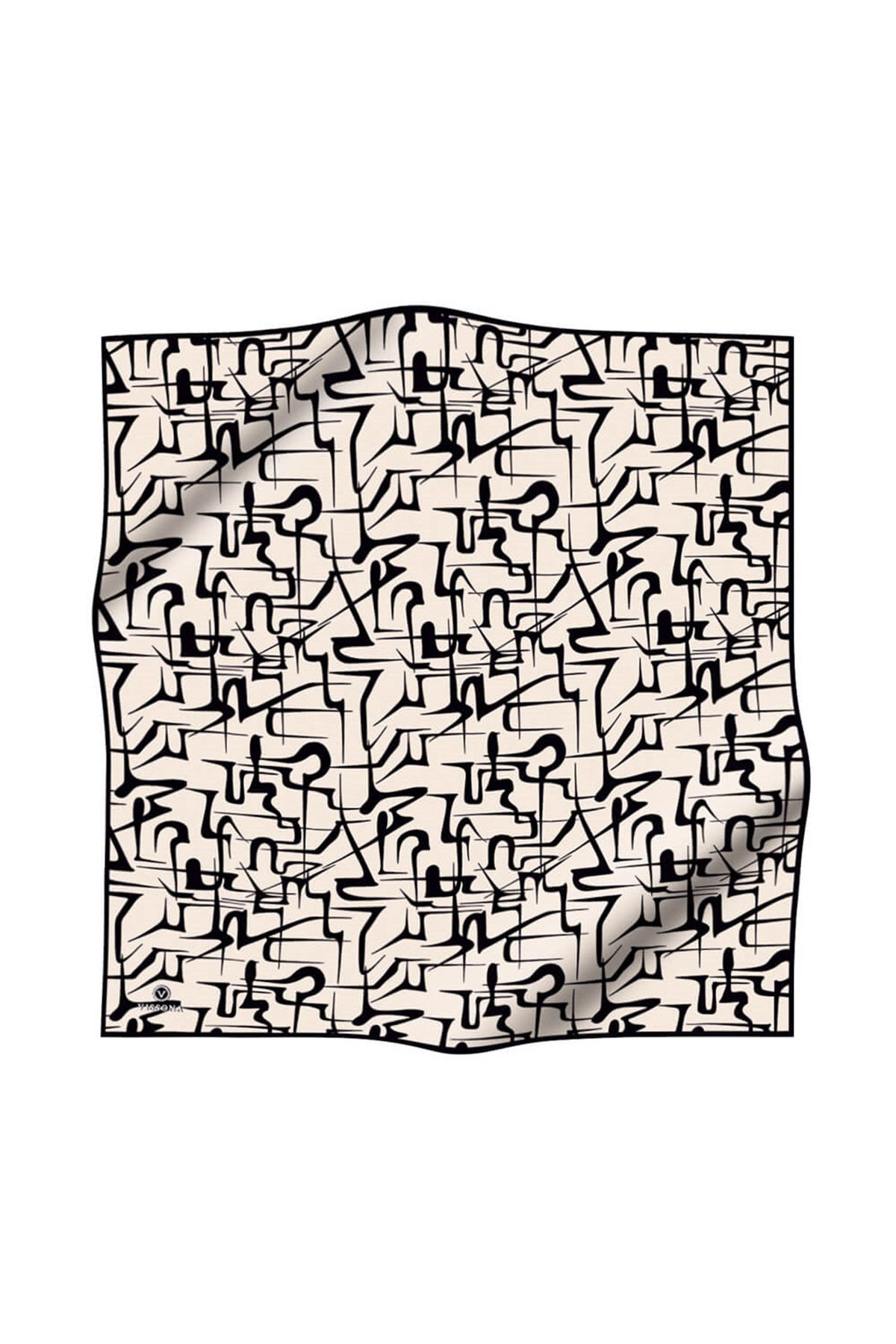 % 57 İPEK % 43 VİSKON Twill İpek Soyut Geometrik Desenli Krem - Siyah Renkli 90x90 Eşarp Dikim Şekli : El Dikişi