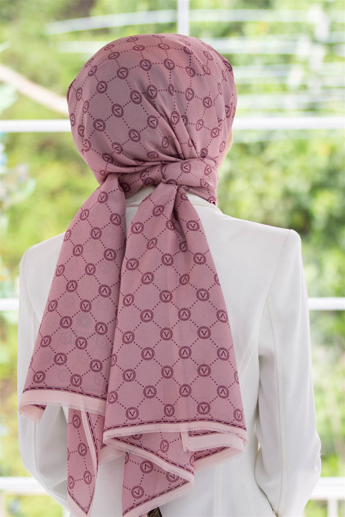 % 100 İpek V Logo Desenli Gül Kurusu Renkli 90x210 Şal