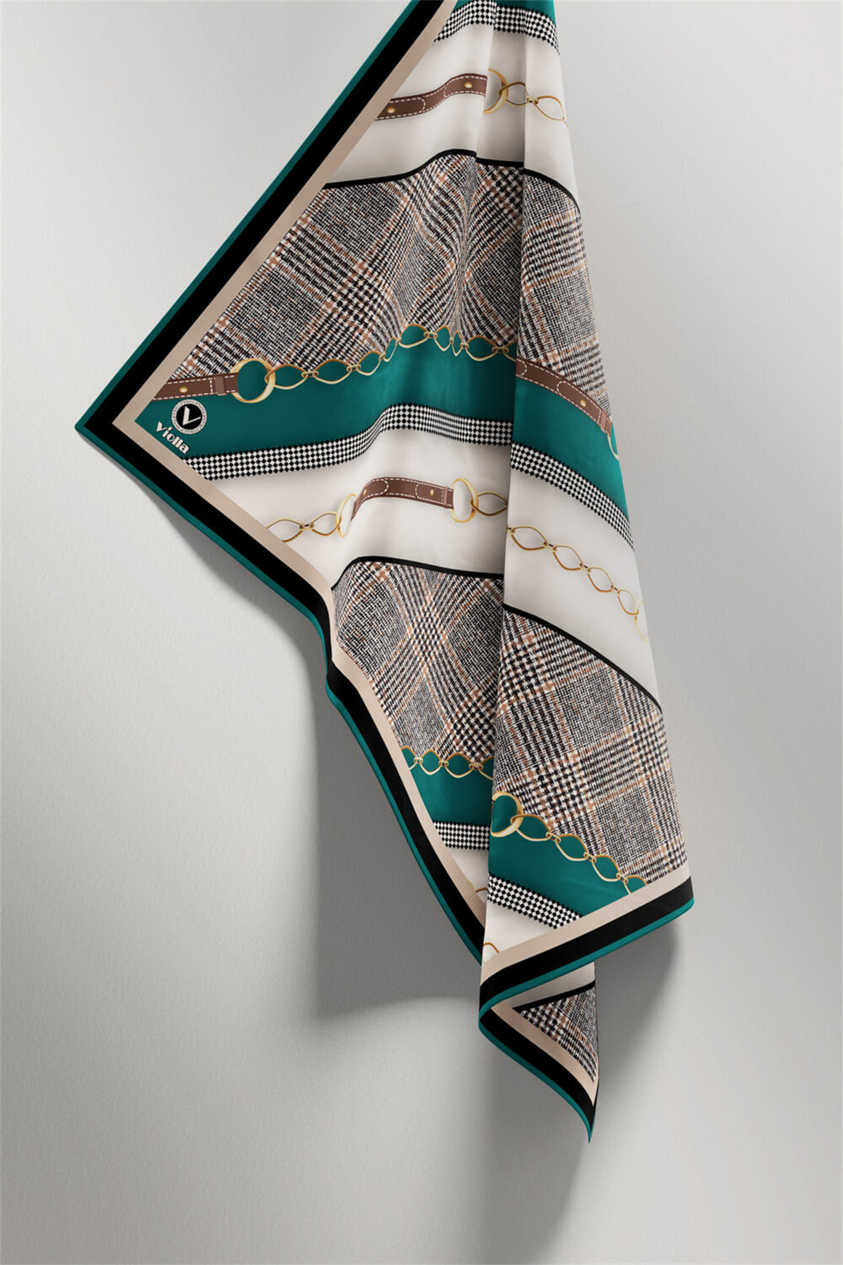 Twill Kemer Desenli Petrol Yeşili Renkli 90x90 Eşarp (İpek İçermez) Kenar Dikiş Şekli El Dikişli