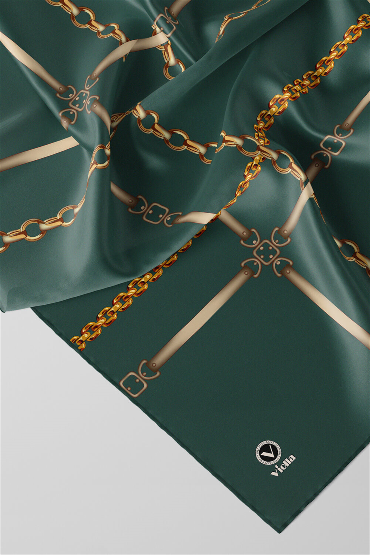 Twill Zincir ve Kemer Desenli Benetton Yeşili Renkli 90x90 Eşarp (İpek İçermez) Kenar Dikiş Şekli El Dikişli