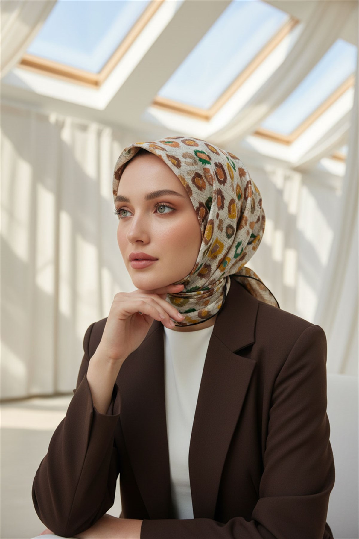 %100 Twill İpek Renkli Leopari Desenli Turuncu - Zümrüt Yeşili Renkli 90x90 Eşarp Kenar Dikiş Şekli El Dikişli