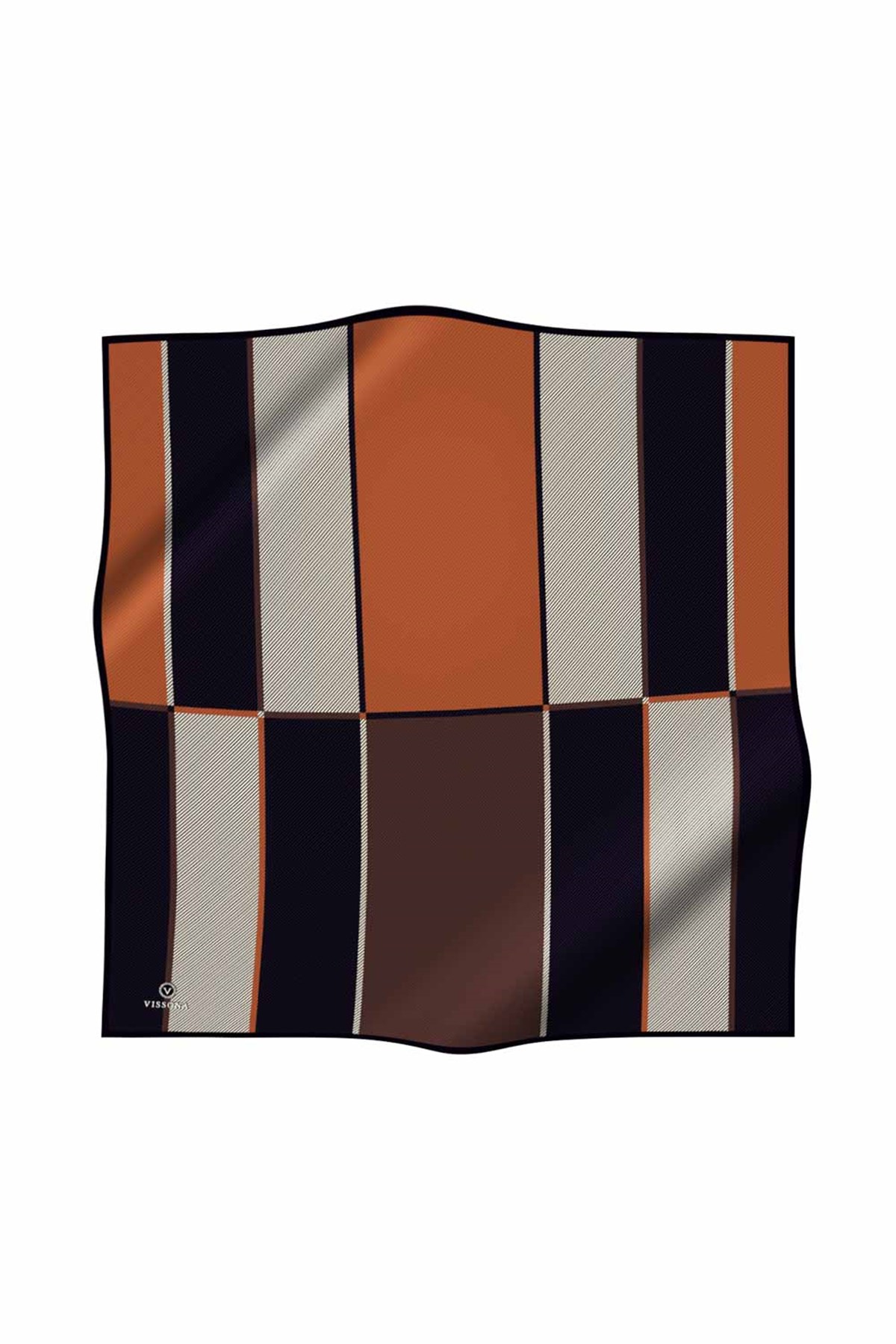 %100 Twill İpek Geometrik Desenli Taba Renkli 90x90 Eşarp Dikim Şekli : El Dikişi