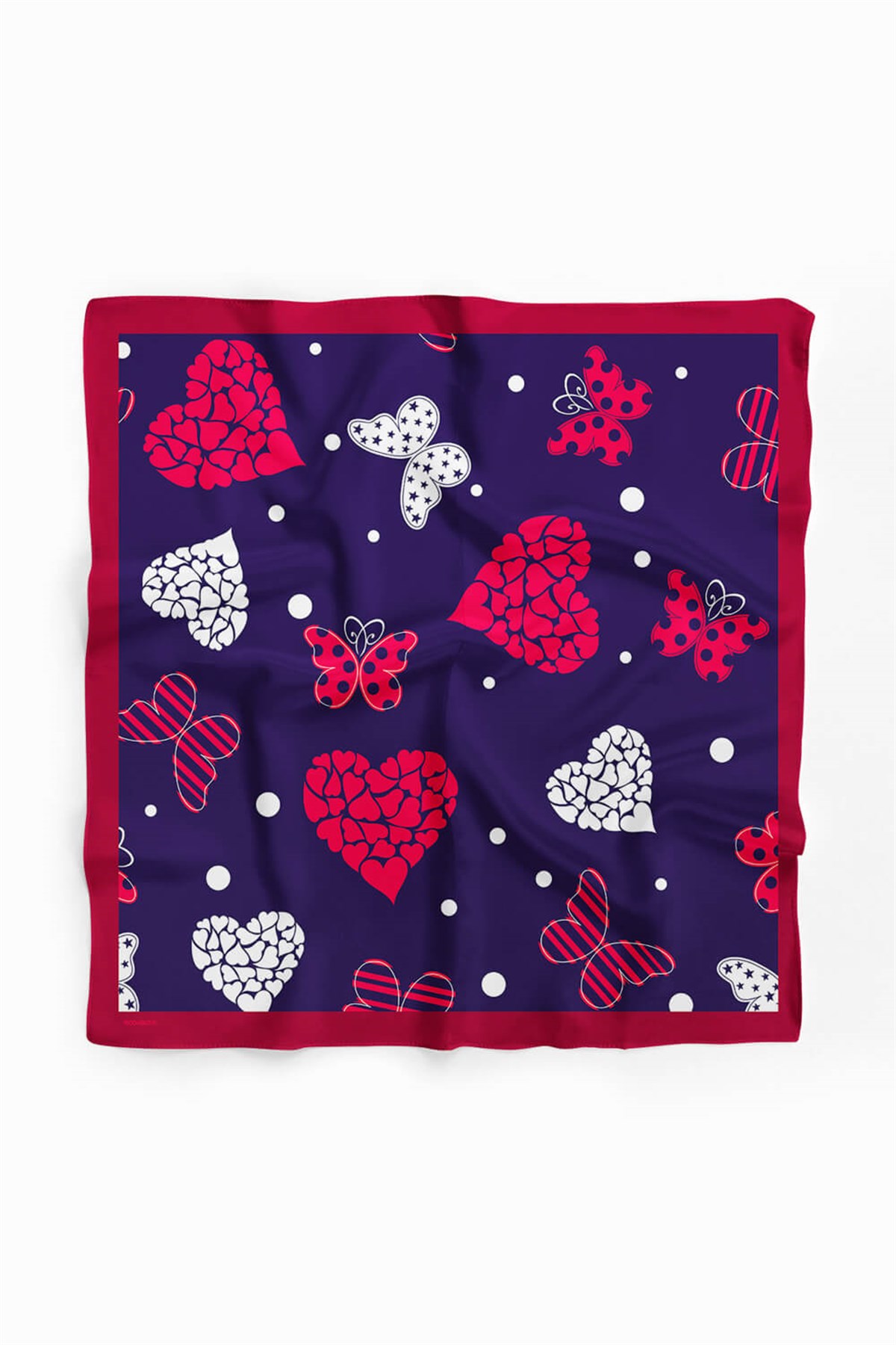 Violla Y16 Kadın Kalp Ve Kelebek Desenli Bandana 50x50 Kırmızı Beyaz Mavi DG0471-22